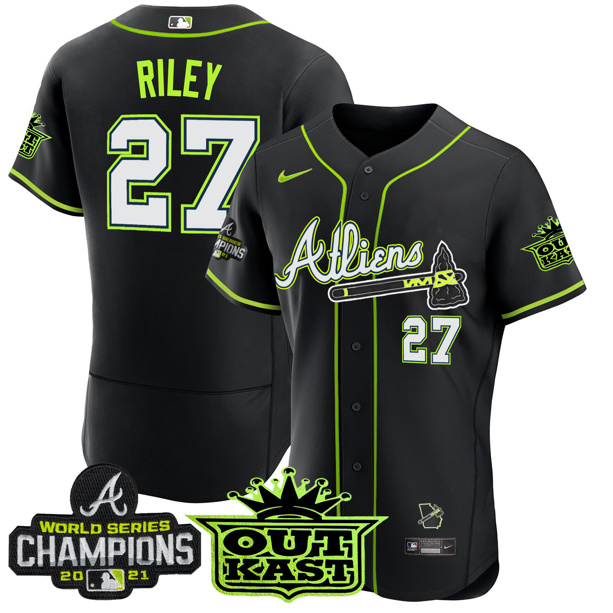 Austin Riley Men's Atlanta Braves Atliens Champions Flex Base Black Jersey - All Stitched