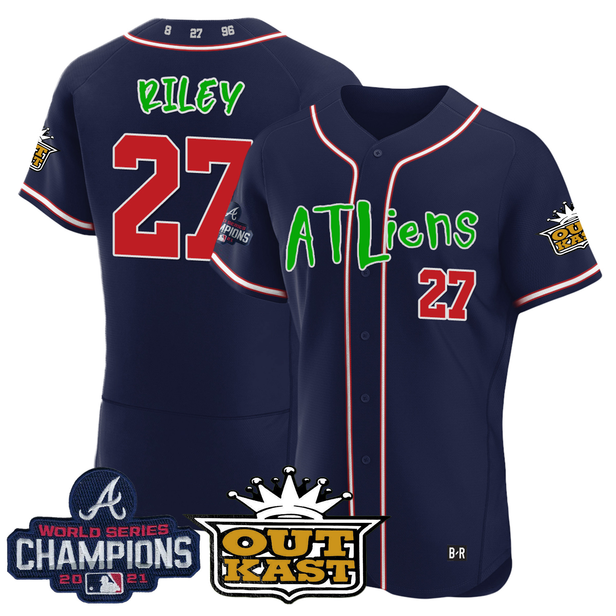 Austin Riley Men's Atlanta Braves Atliens Champions Flex Base Navy Jersey - All Stitched