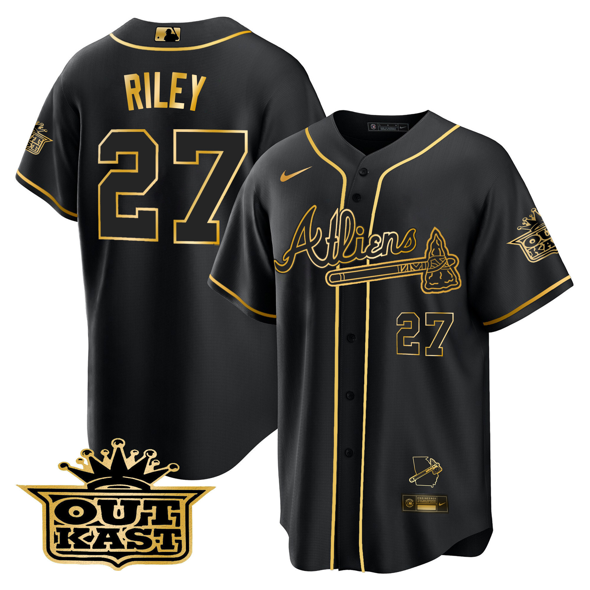 Austin Riley Men's Atlanta Braves Atliens Cool Base V2 Black Gold Jersey - All Stitched