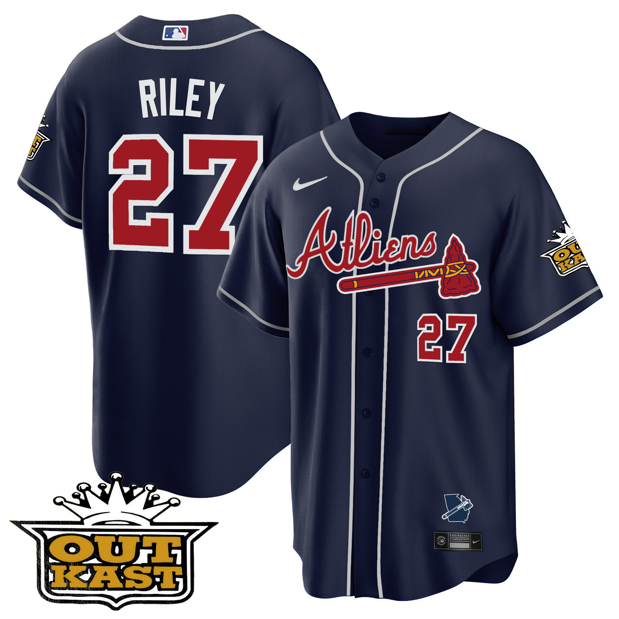 Austin Riley Men's Atlanta Braves Atliens Cool Base V2 Navy Jersey - All Stitched
