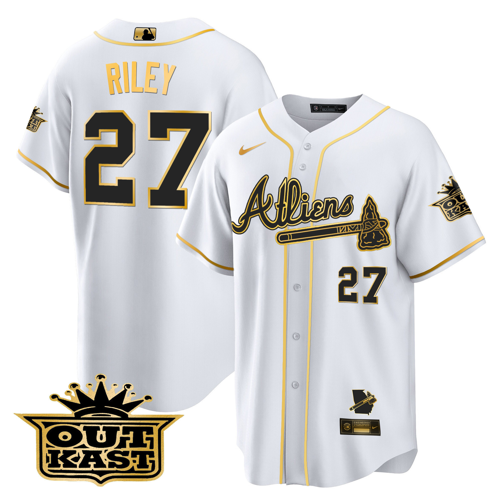 Austin Riley Men's Atlanta Braves Atliens Cool Base V2 White Gold Jersey - All Stitched
