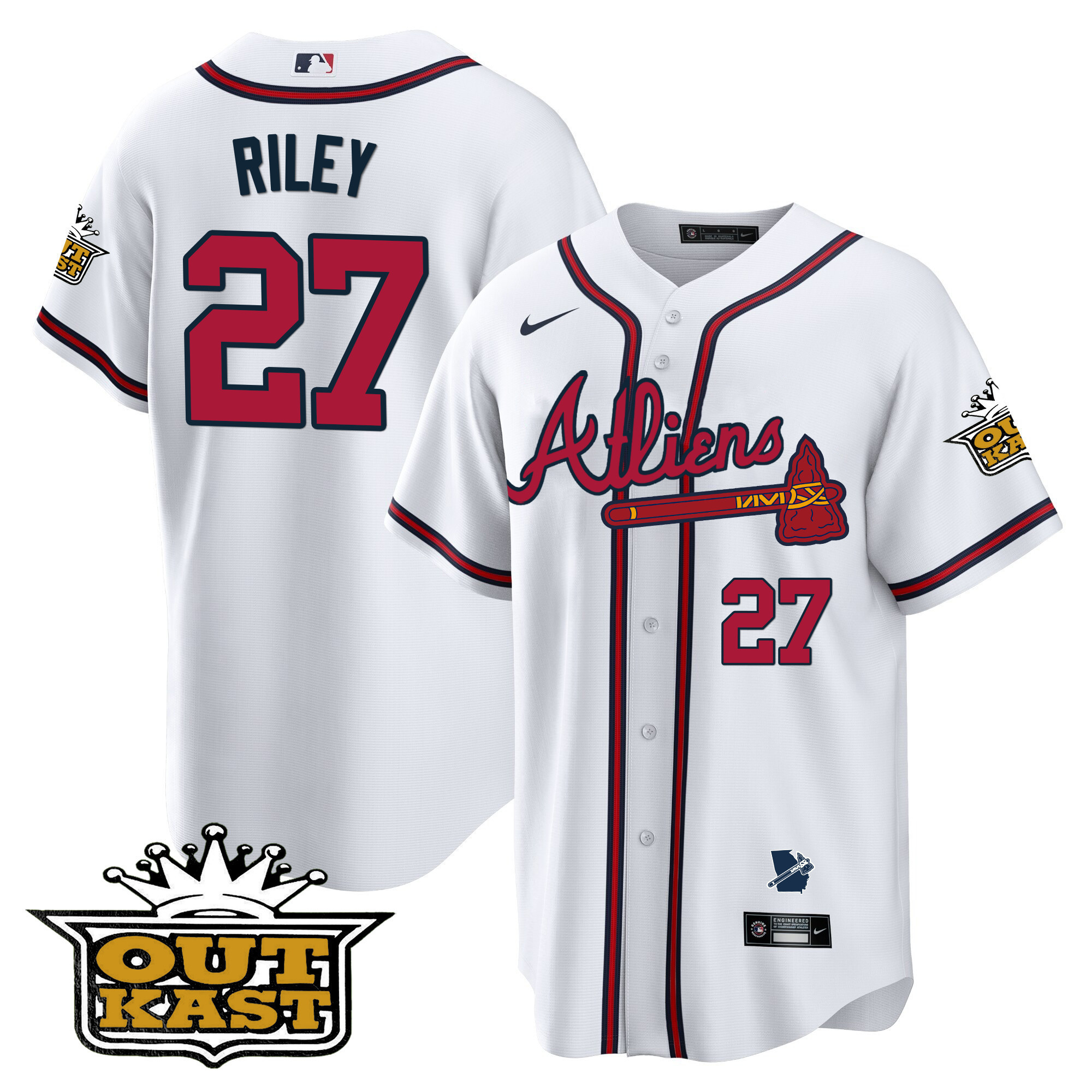 Austin Riley Men's Atlanta Braves Atliens Cool Base V2 White Jersey - All Stitched