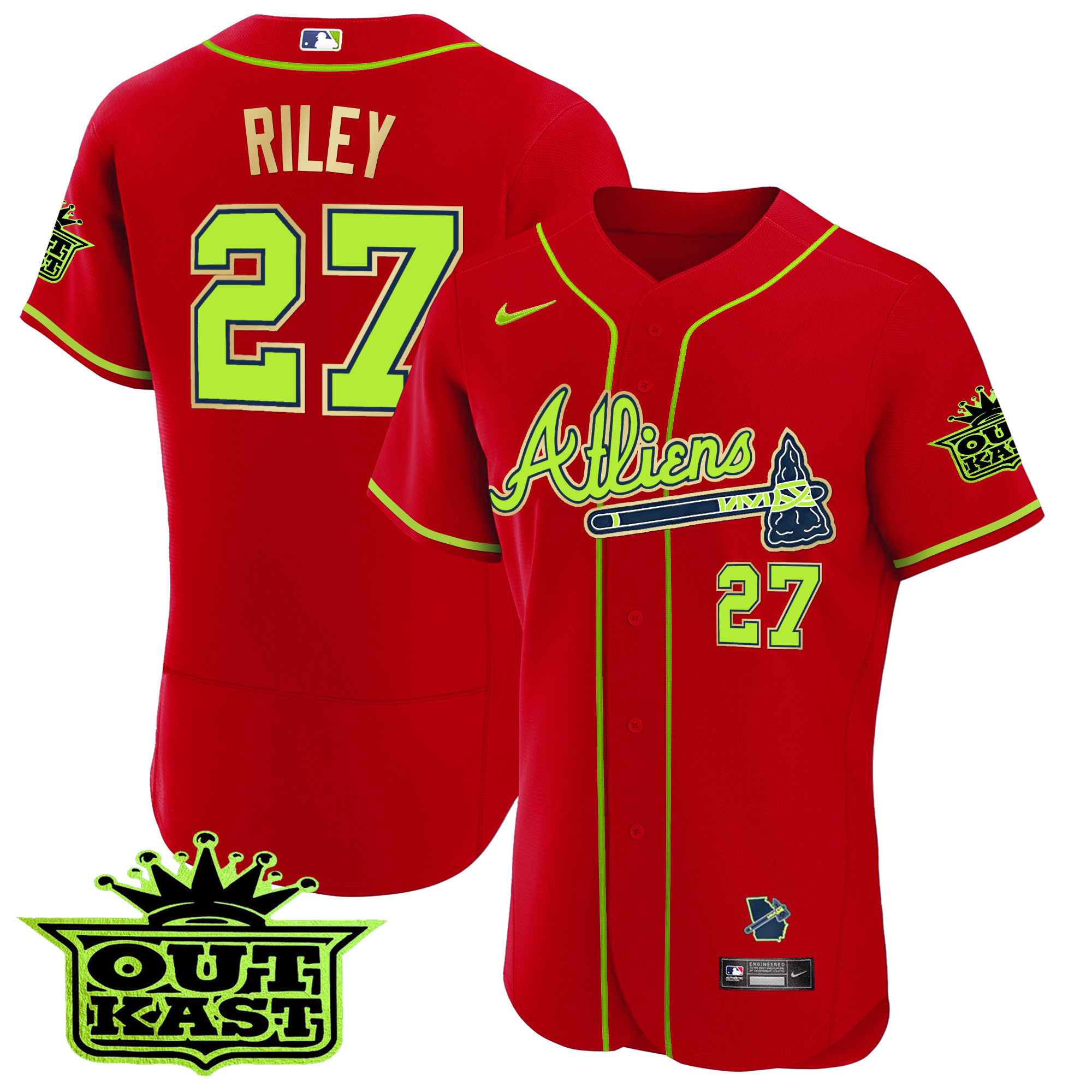Austin Riley Men's Atlanta Braves Atliens Flex Base Gold Trim Red Jersey - All Stitched