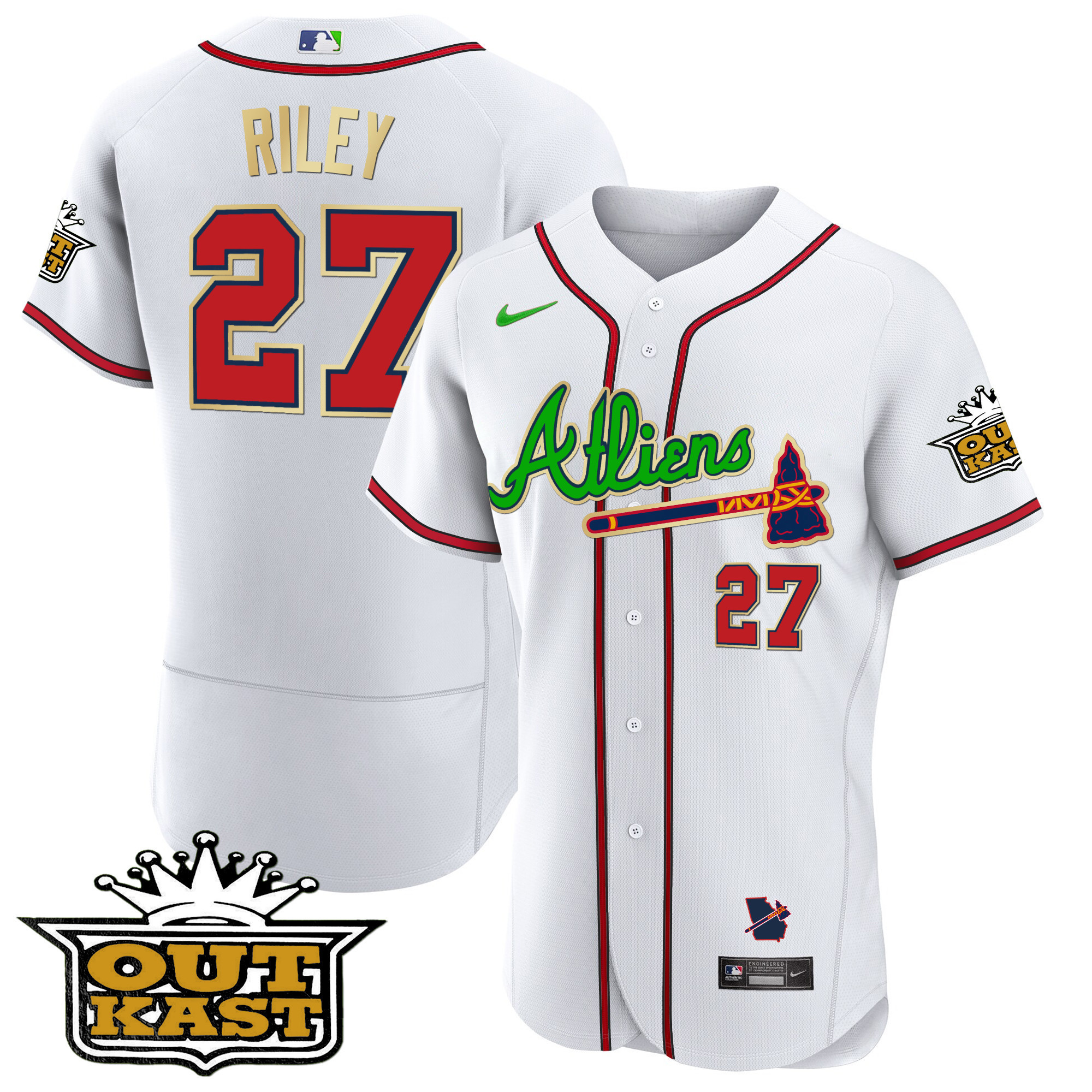 Austin Riley Men's Atlanta Braves Atliens Flex Base Gold Trim White Jersey - All Stitched