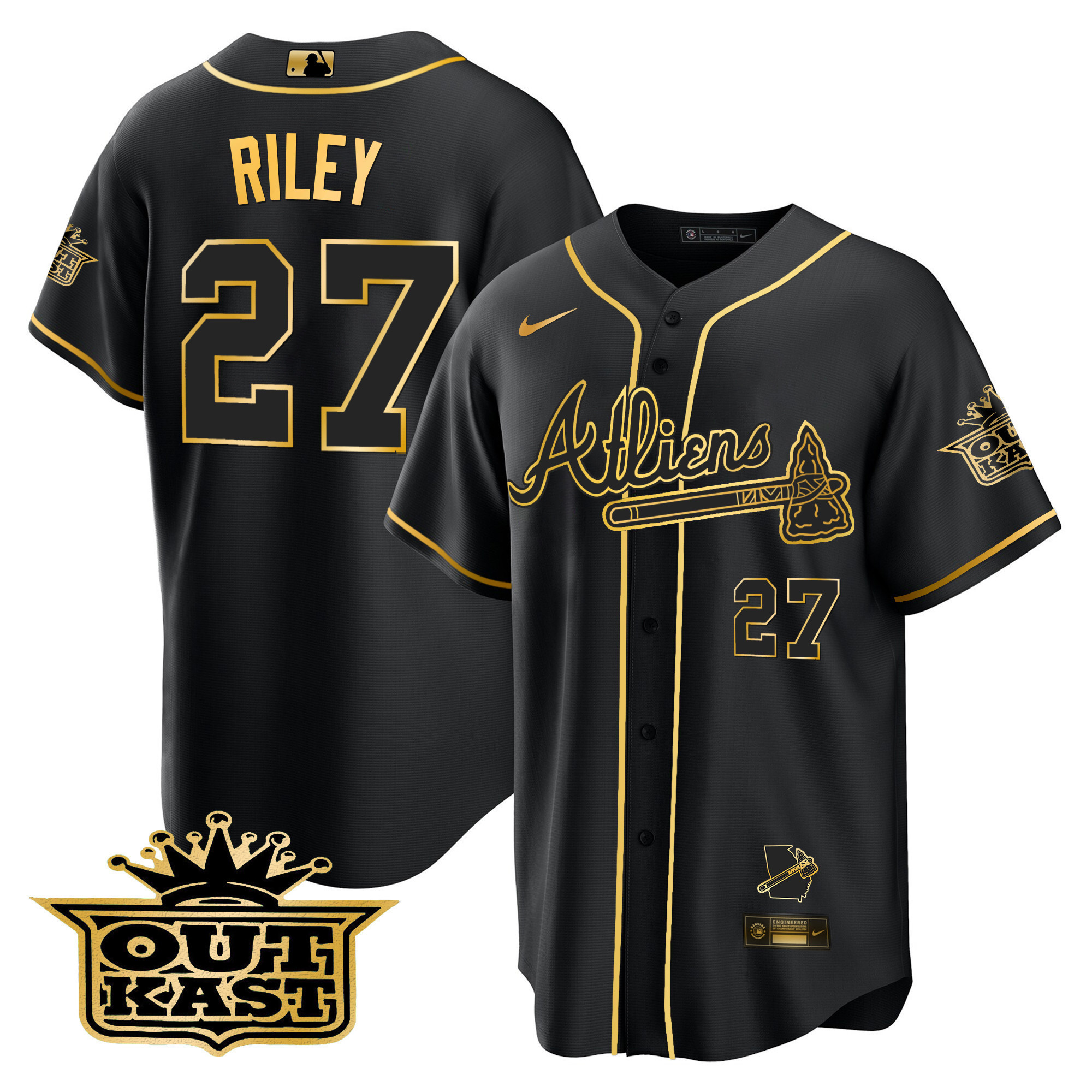Austin Riley Men's Atlanta Braves Atliens Flex Base V2 Black Gold Jersey - All Stitched