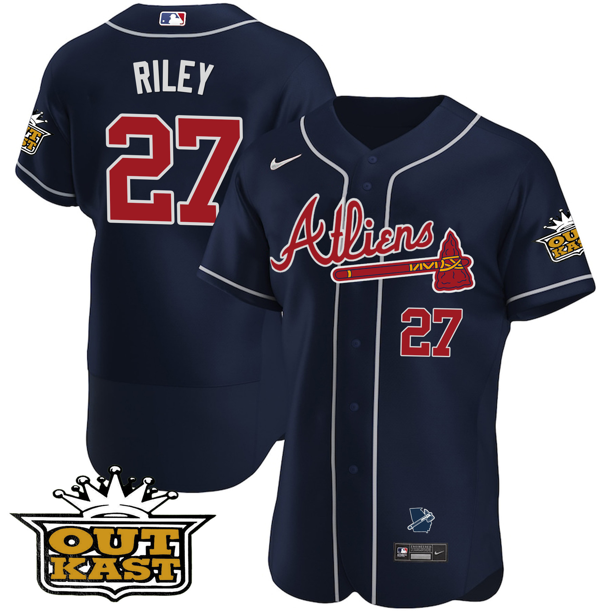 Austin Riley Men's Atlanta Braves Atliens Flex Base V2 Navy Jersey - All Stitched