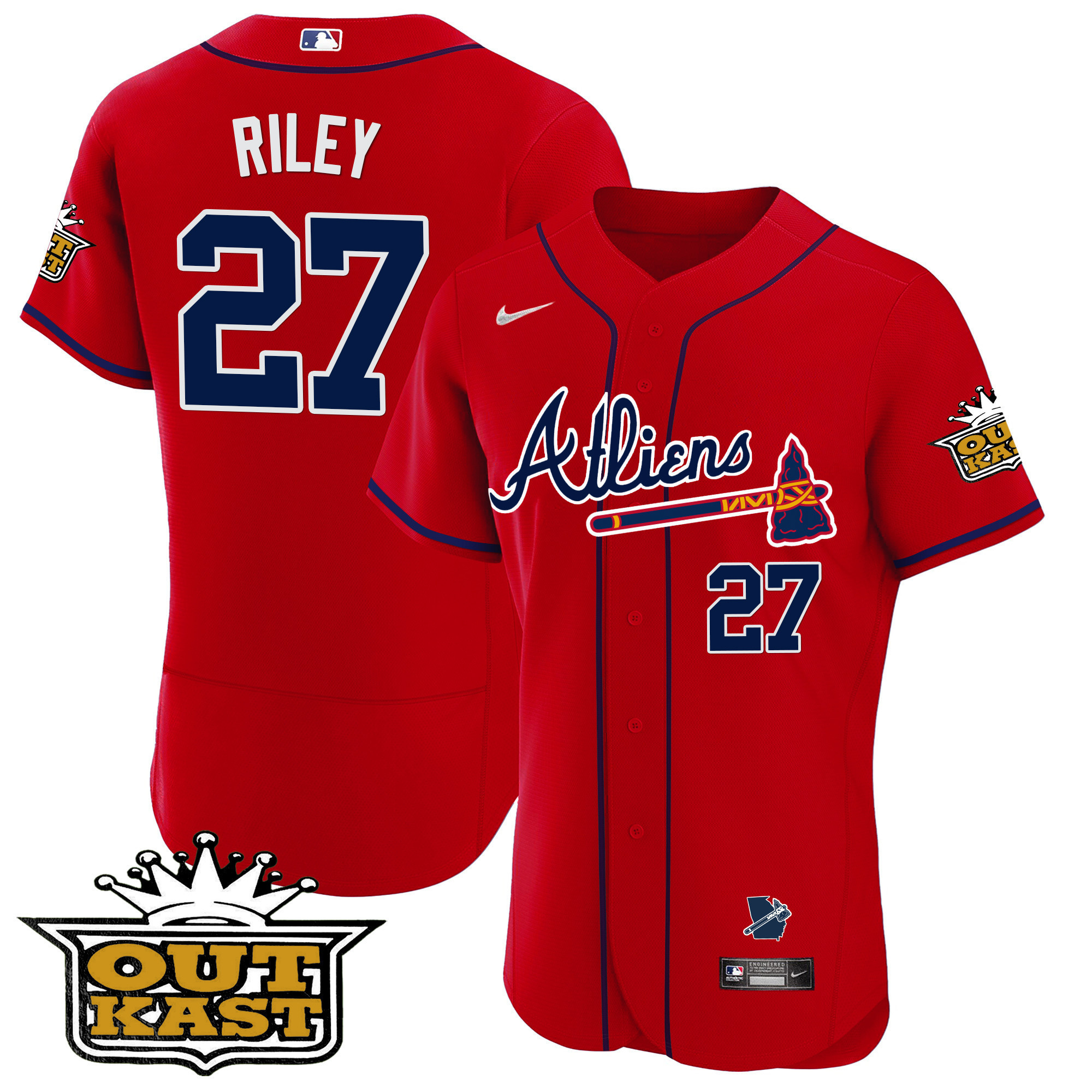 Austin Riley Men's Atlanta Braves Atliens Flex Base V2 Red Jersey - All Stitched