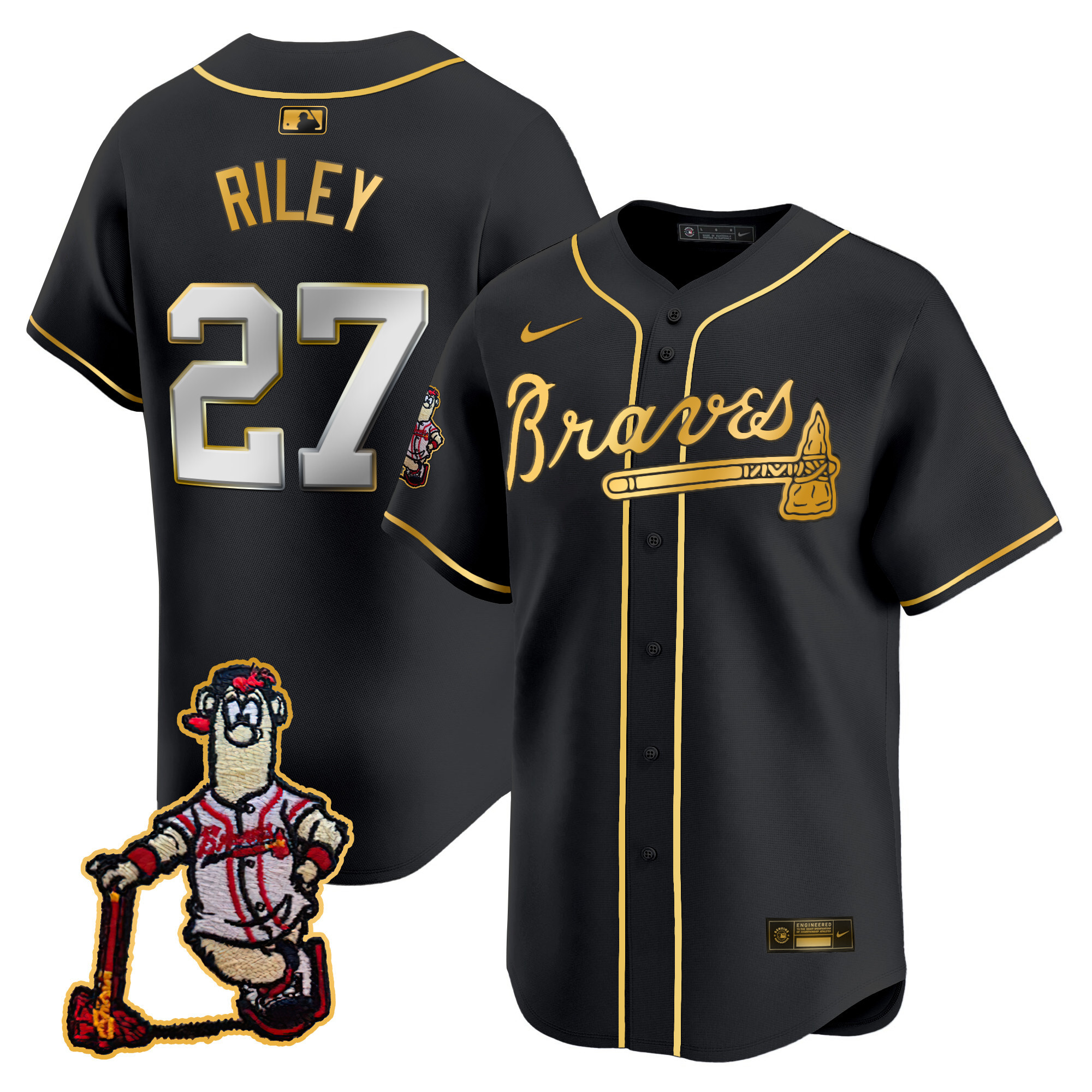 Austin Riley Men's Atlanta Braves Blooper Patch Vapor Premier Limited Black Gold Jersey - All Stitched