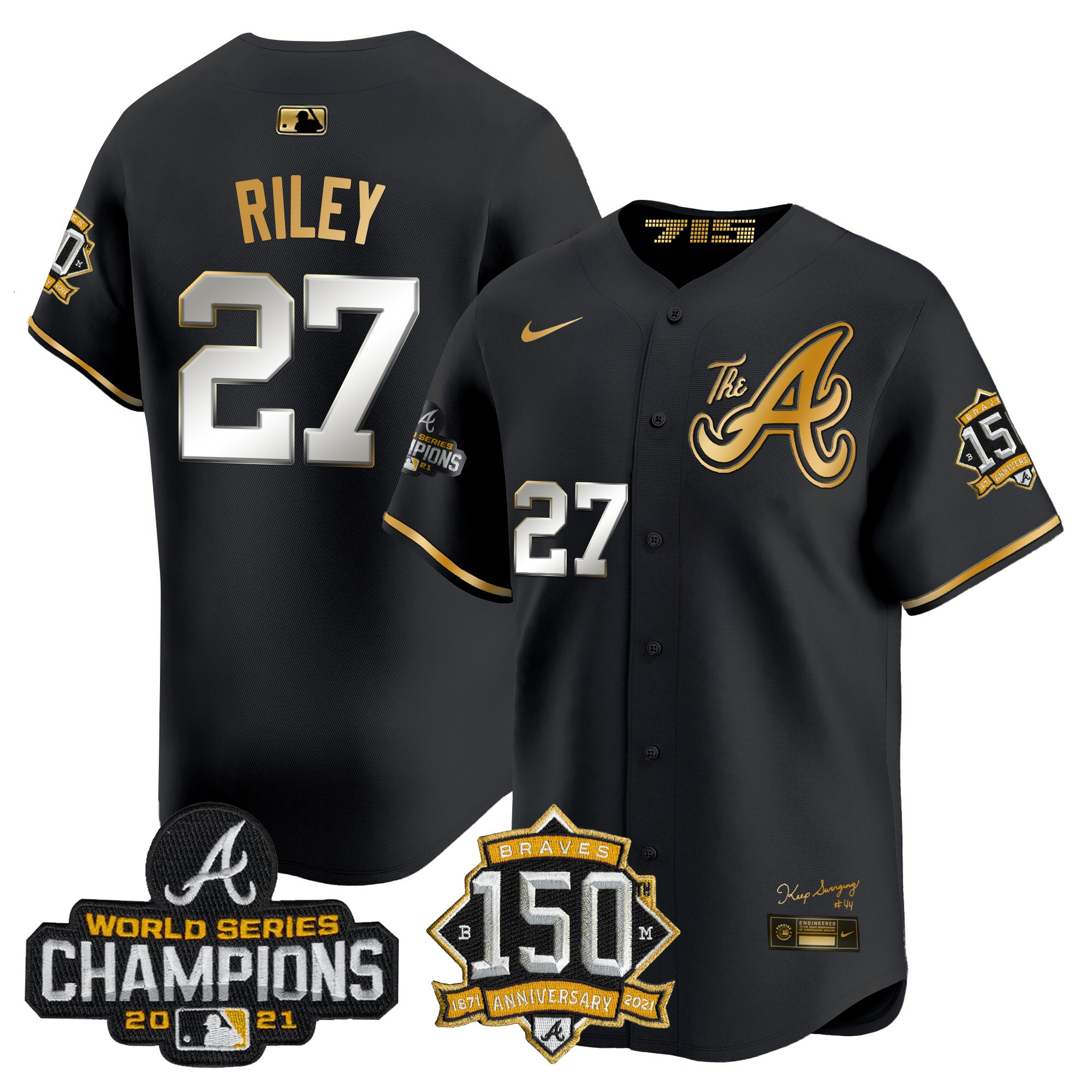 Austin Riley Men's Atlanta Braves Champions & 150th Patch Vapor Premier Limited Black Gold Jersey - All Stitched