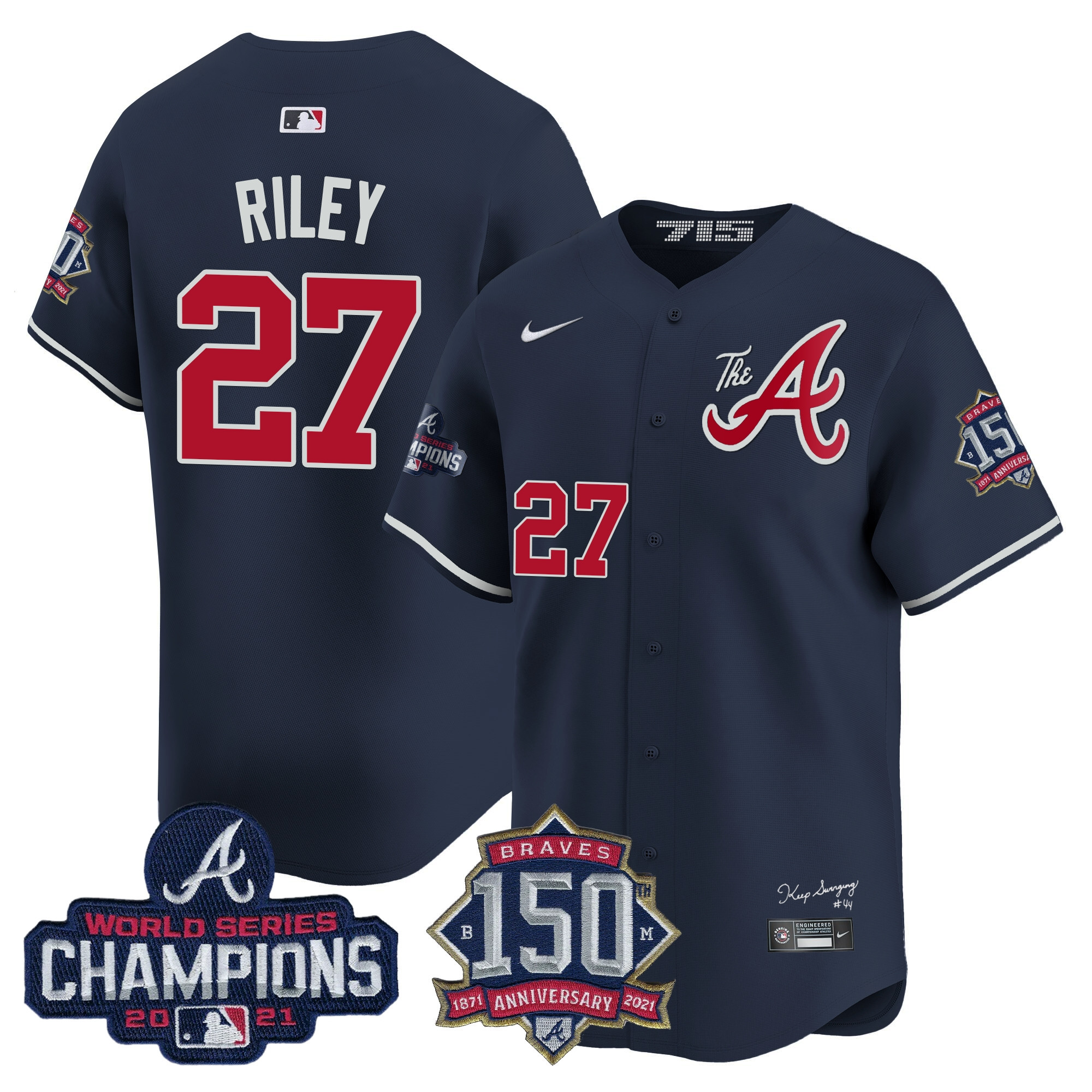 Austin Riley Men's Atlanta Braves Champions & 150th Patch Vapor Premier Limited Navy Jersey - All Stitched