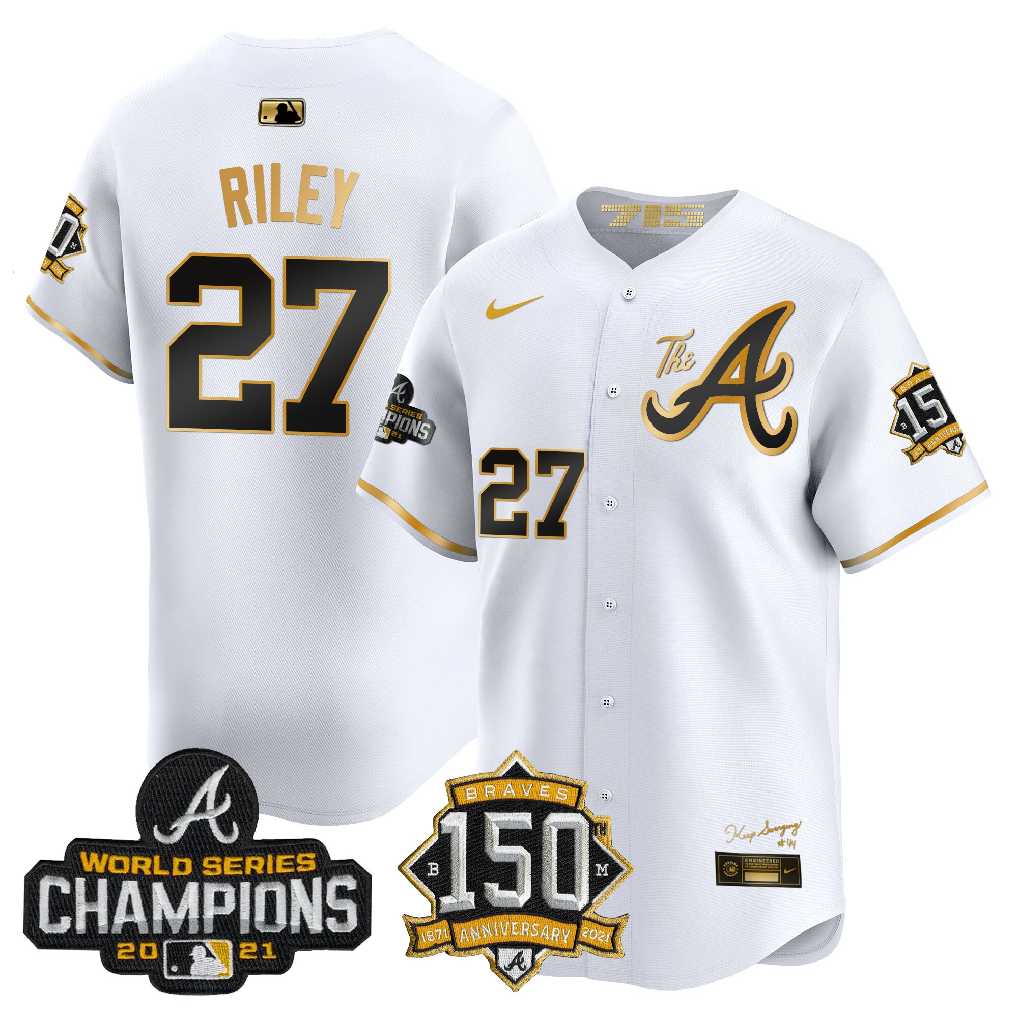 Austin Riley Men's Atlanta Braves Champions & 150th Patch Vapor Premier Limited White Gold Jersey - All Stitched