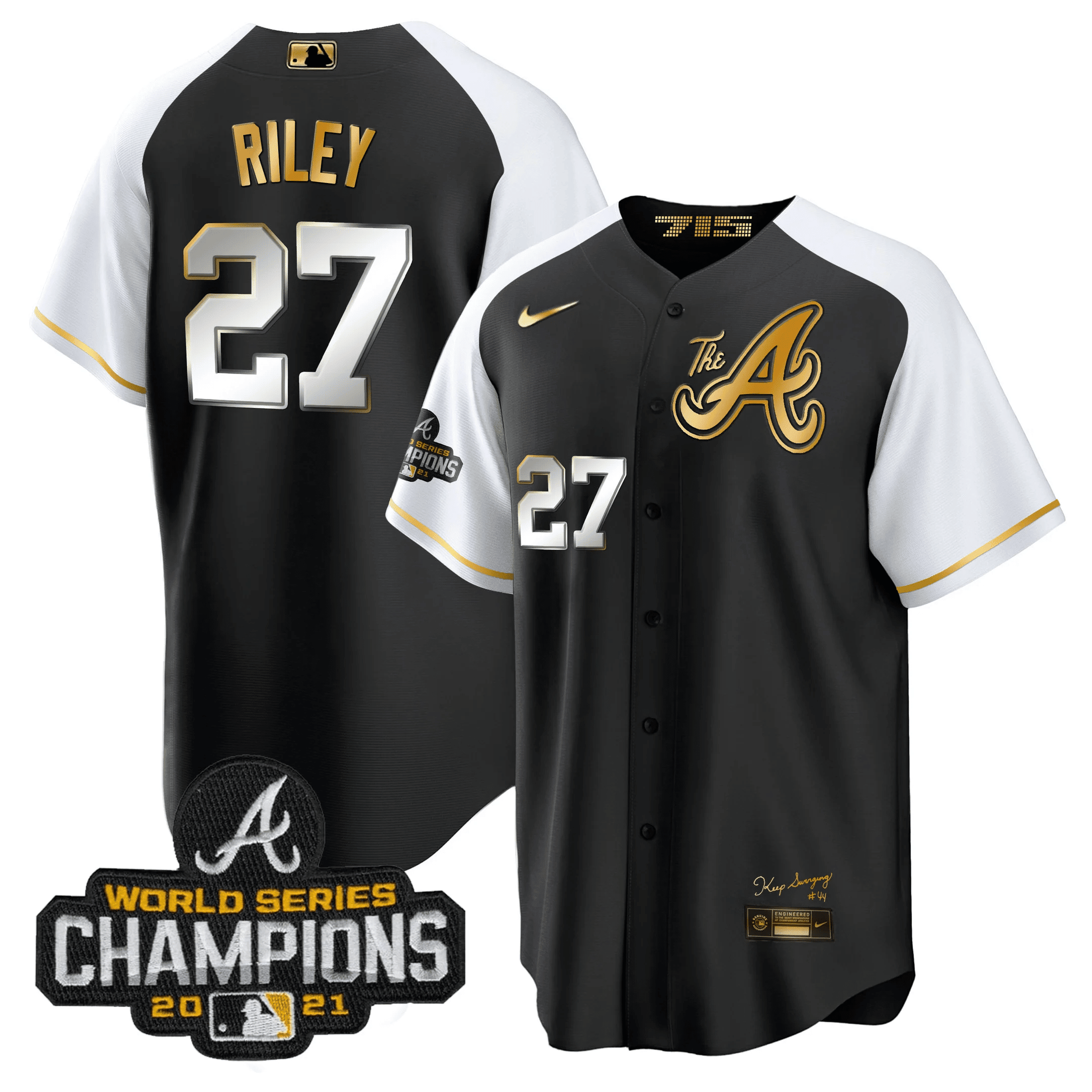 Austin Riley Men's Atlanta Braves Champions Alternate Gold Cool Base Black Jersey - All Stitched
