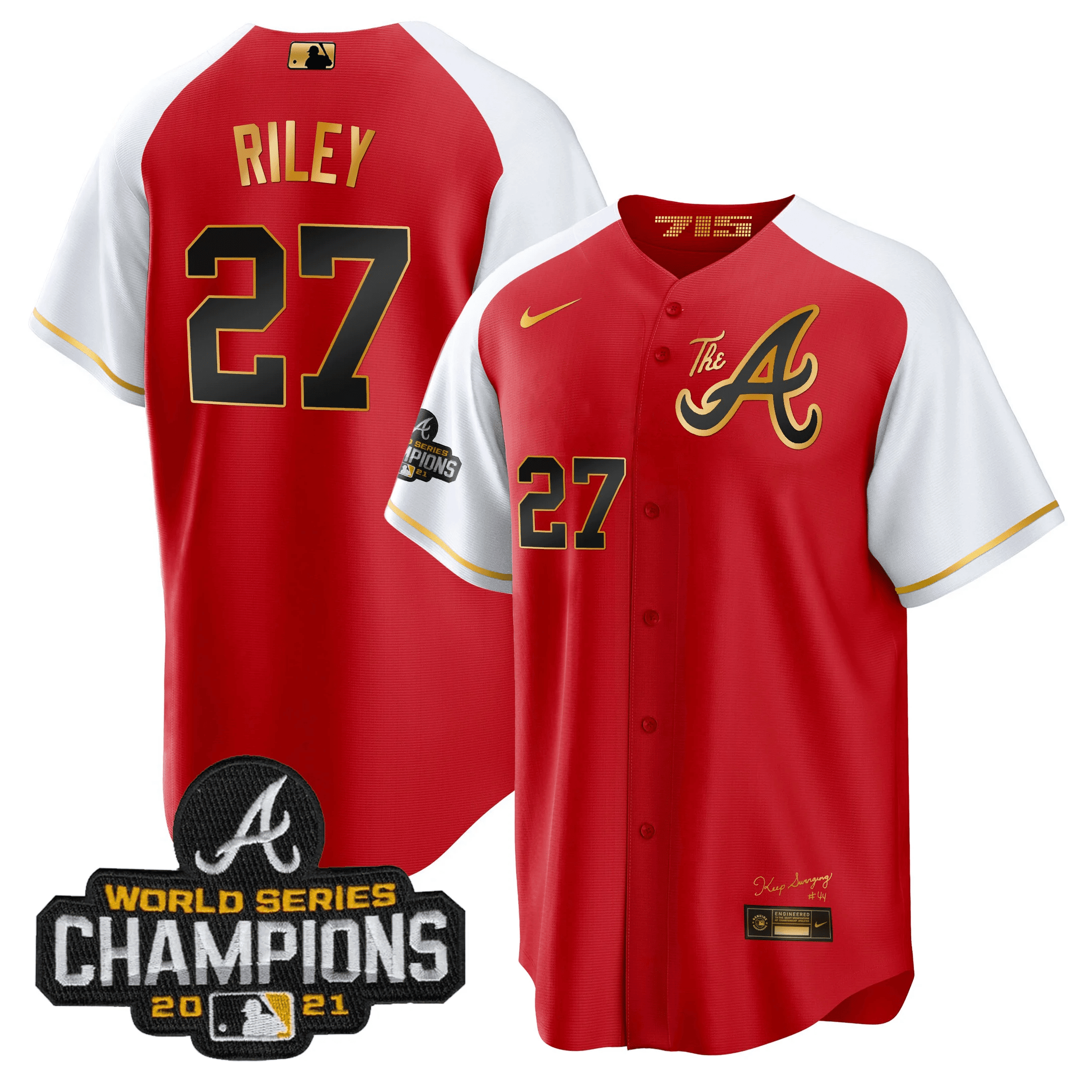 Austin Riley Men's Atlanta Braves Champions Alternate Gold Cool Base Red Jersey - All Stitched