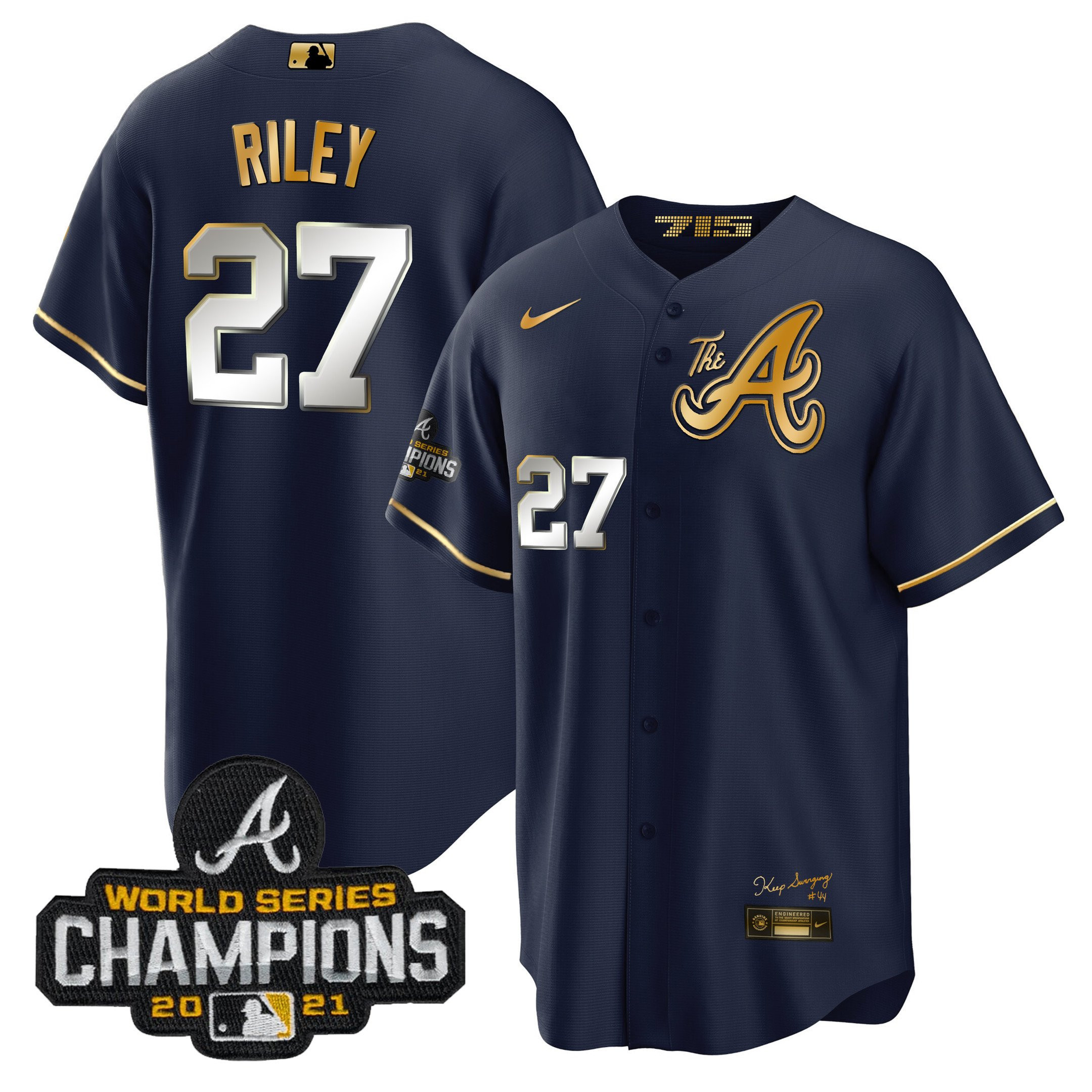 Austin Riley Men's Atlanta Braves Champions City Connect Gold Cool Base Navy Gold Jersey - All Stitched