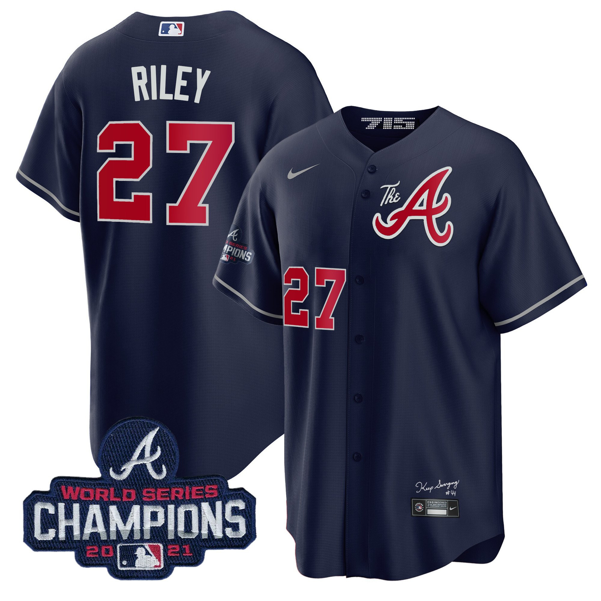 Austin Riley Men's Atlanta Braves Champions City Connect Gold Cool Base Navy Jersey - All Stitched