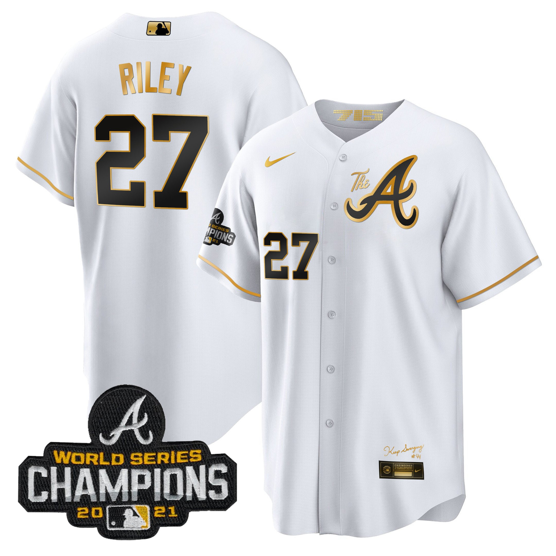 Austin Riley Men's Atlanta Braves Champions City Connect Gold Cool Base White Gold Jersey - All Stitched