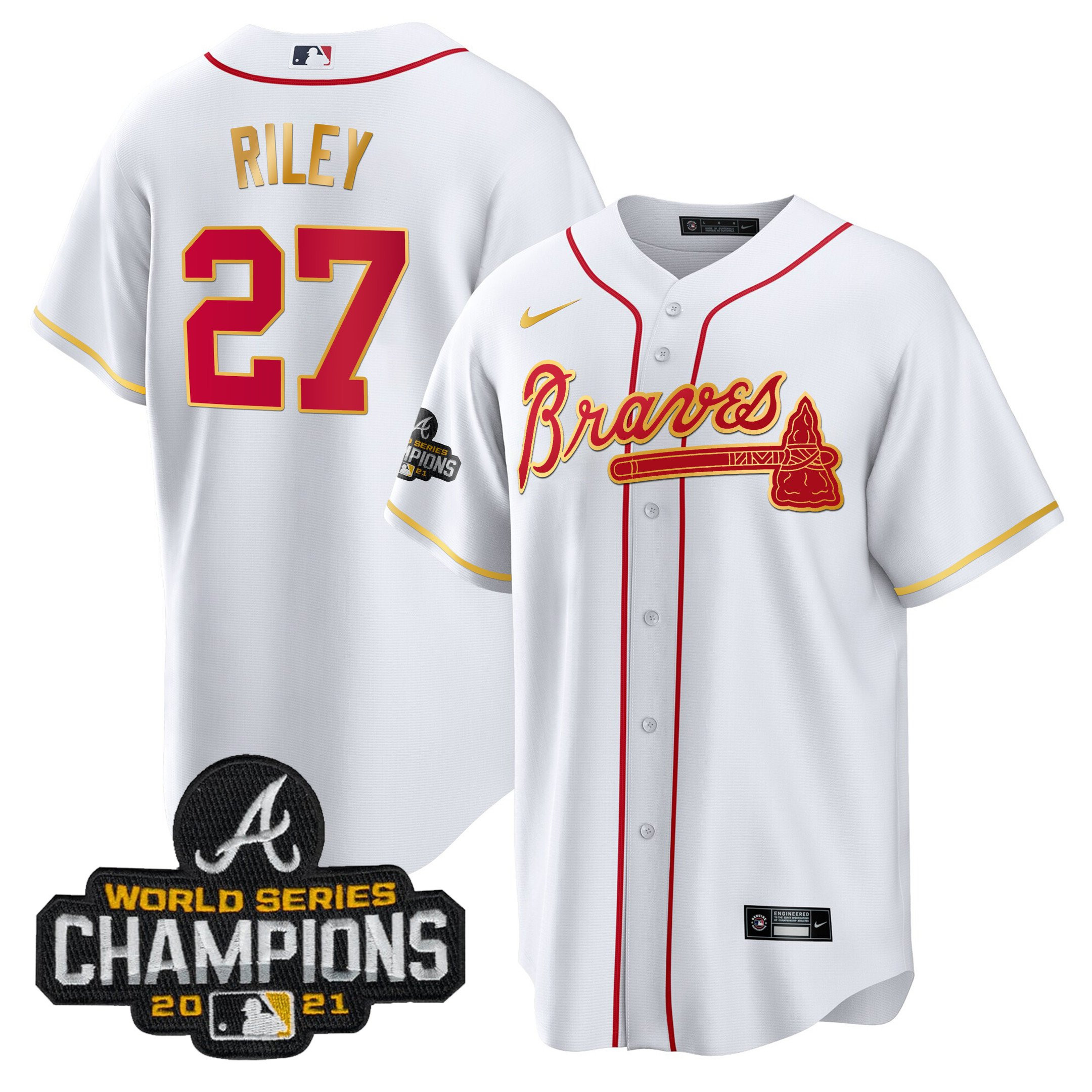 Austin Riley Men's Atlanta Braves Champions Patch Gold Trim Cool White Jersey - All Stitched