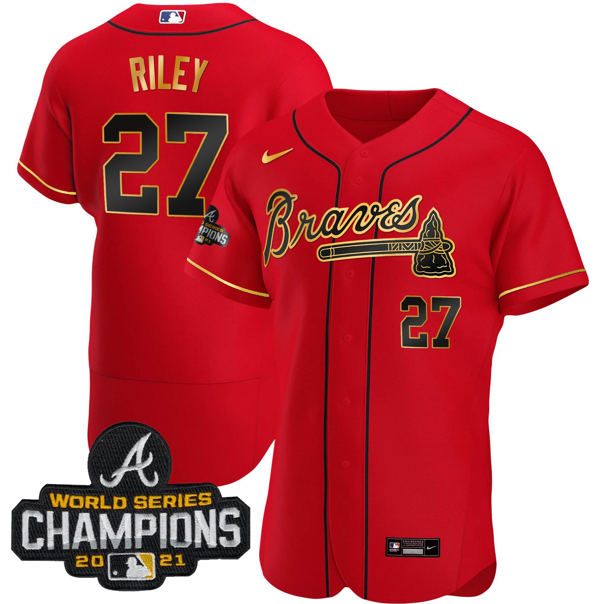 Austin Riley Men's Atlanta Braves Champions Patch Gold Trim Flex Red Jersey - All Stitched