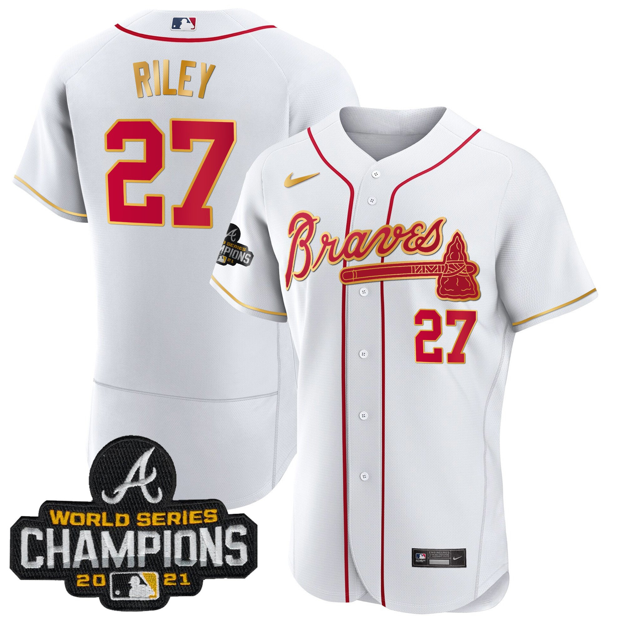 Austin Riley Men's Atlanta Braves Champions Patch Gold Trim Flex White Jersey - All Stitched