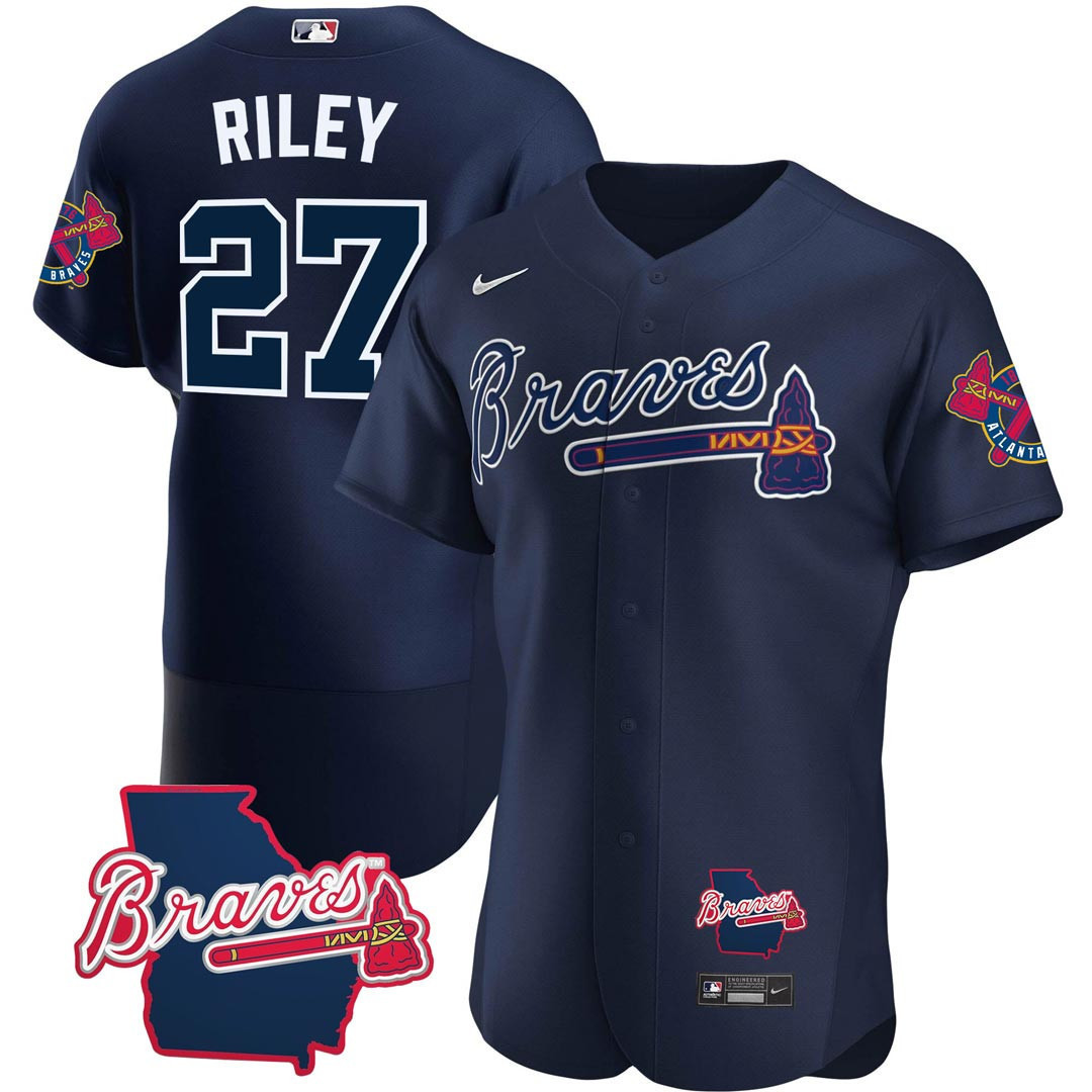 Austin Riley Men's Atlanta Braves Georgia State Patch - Navy Flex Base  Jersey - All Stitched