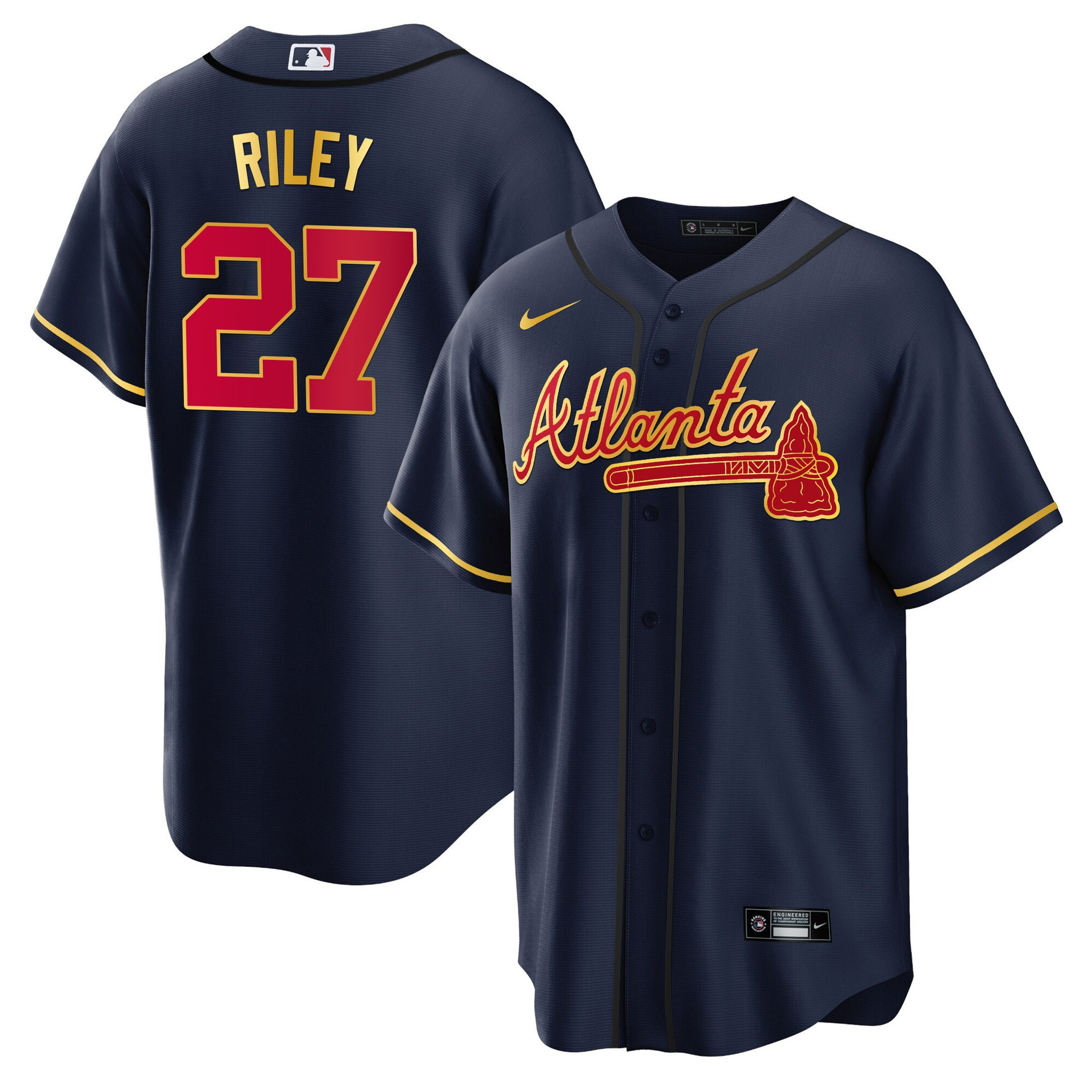 Austin Riley Men's Atlanta Braves Gold Trim Cool Navy Jersey - All Stitched