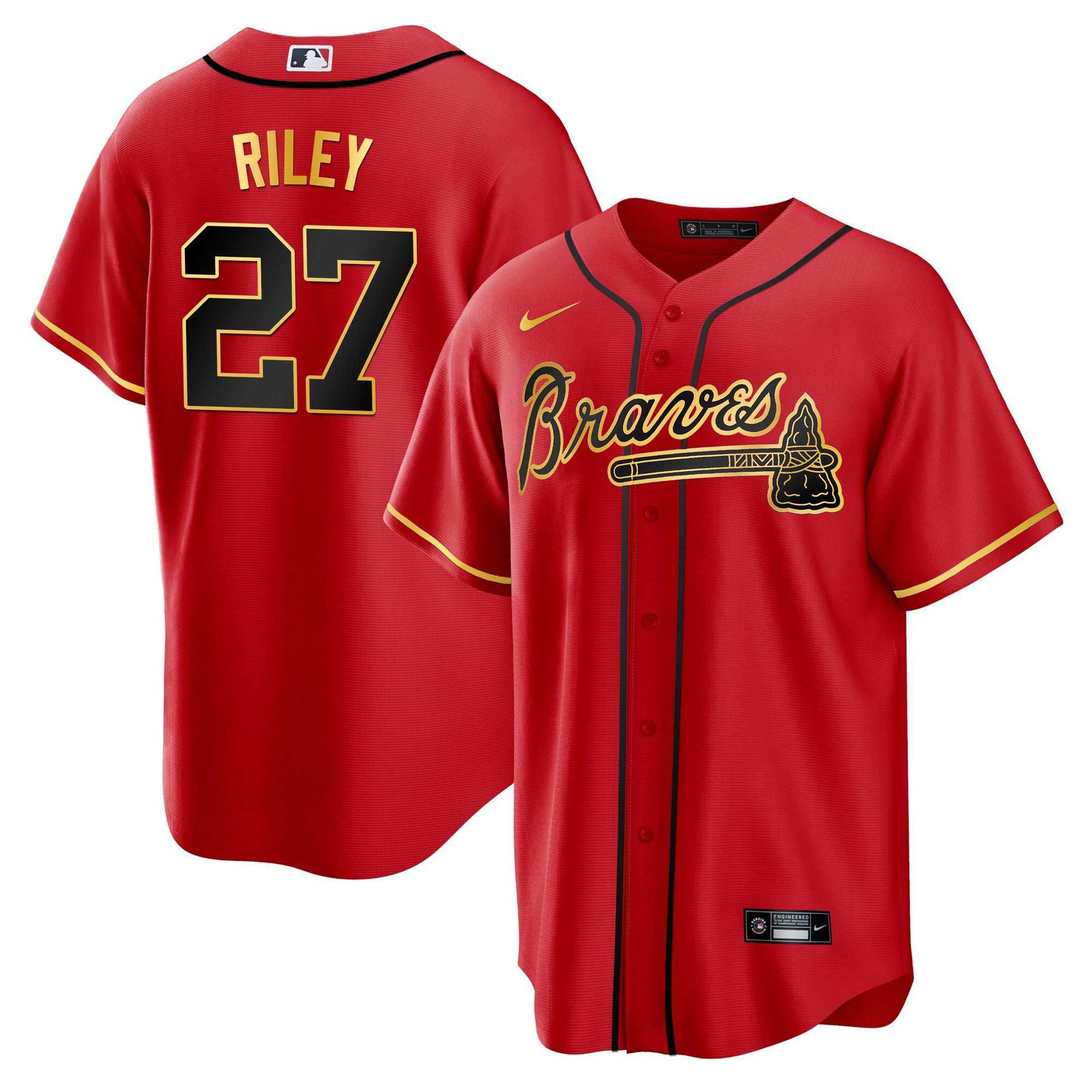 Austin Riley Men's Atlanta Braves Gold Trim Cool Red Jersey - All Stitched