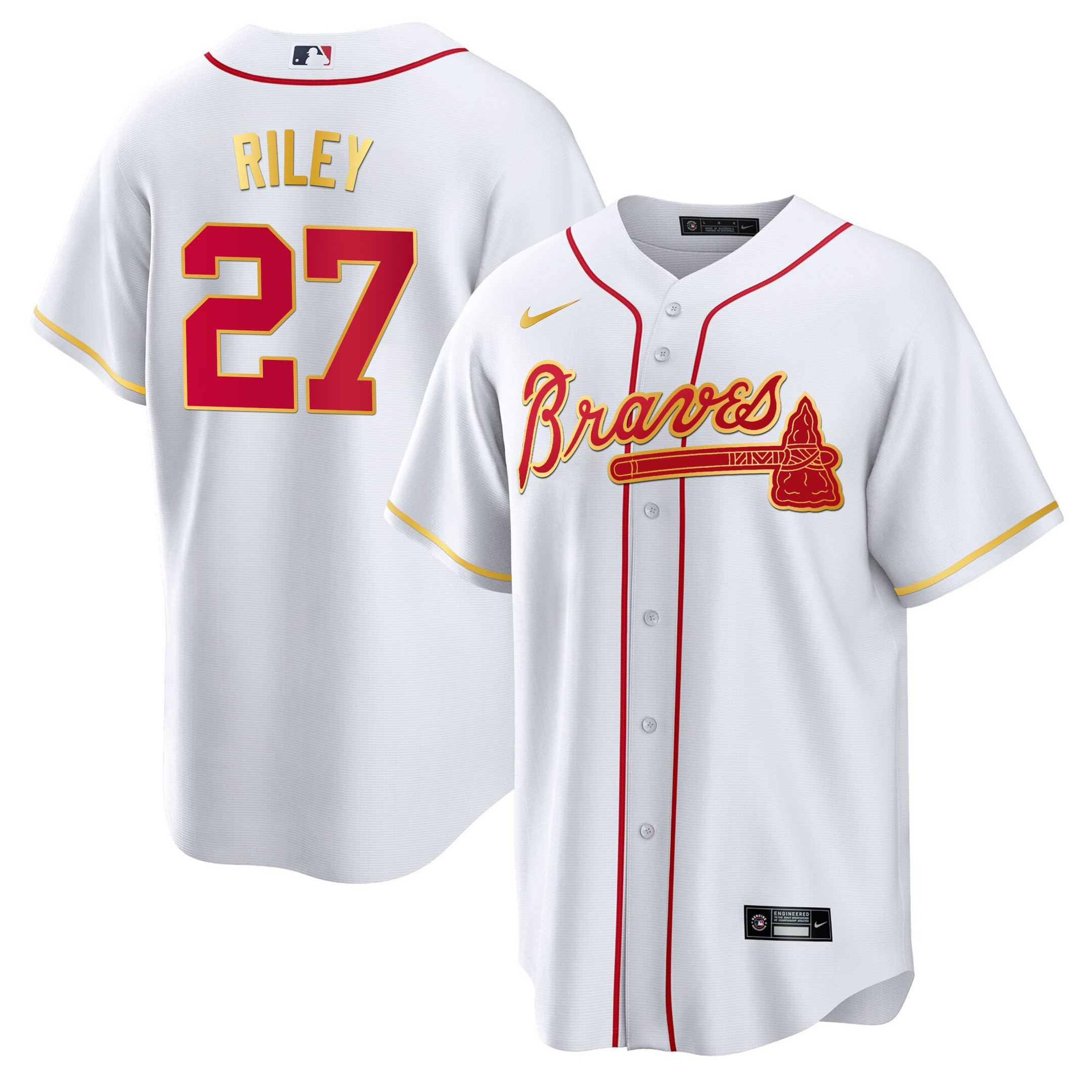 Austin Riley Men's Atlanta Braves Gold Trim Cool White Jersey - All Stitched