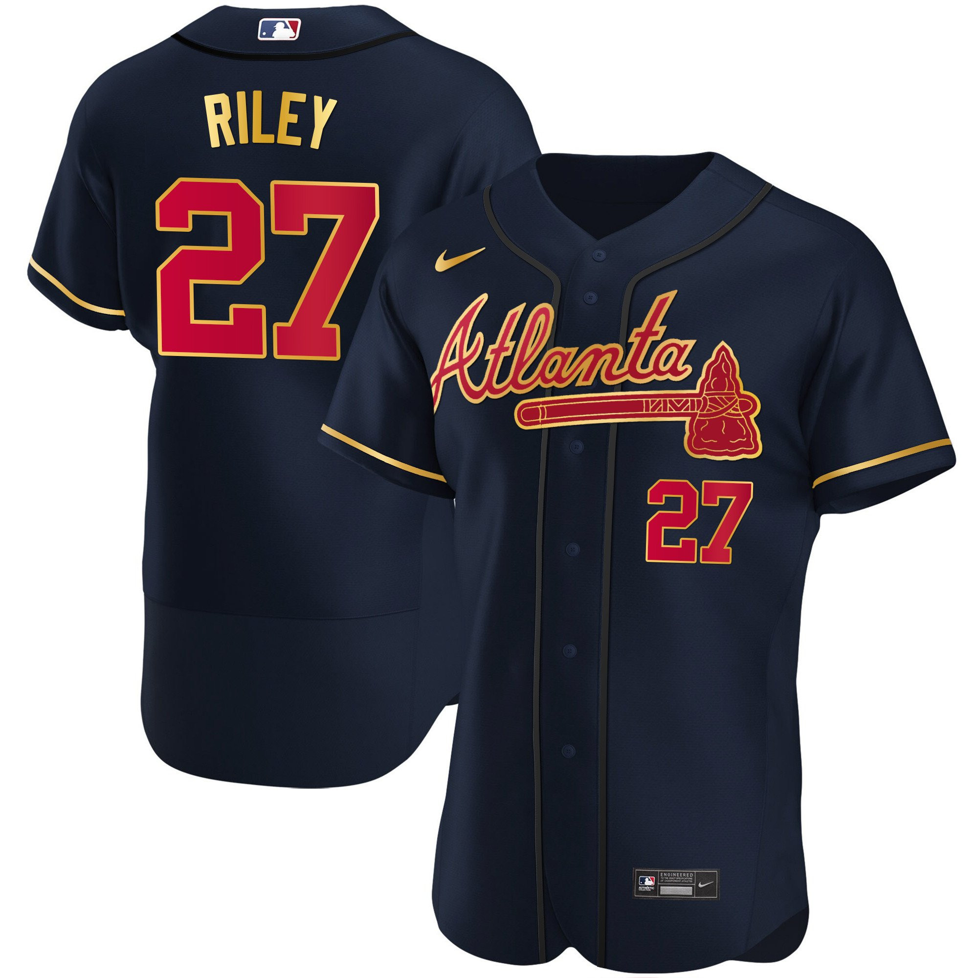 Austin Riley Men's Atlanta Braves Gold Trim Flex Navy Jersey - All Stitched