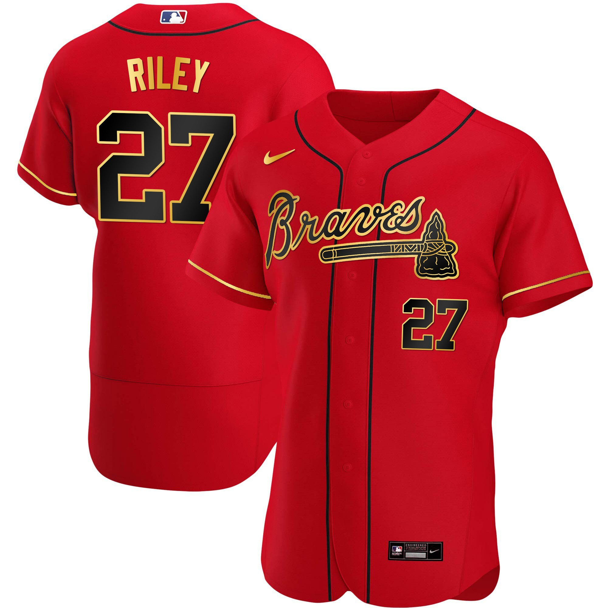 Austin Riley Men's Atlanta Braves Gold Trim Flex Red Jersey - All Stitched