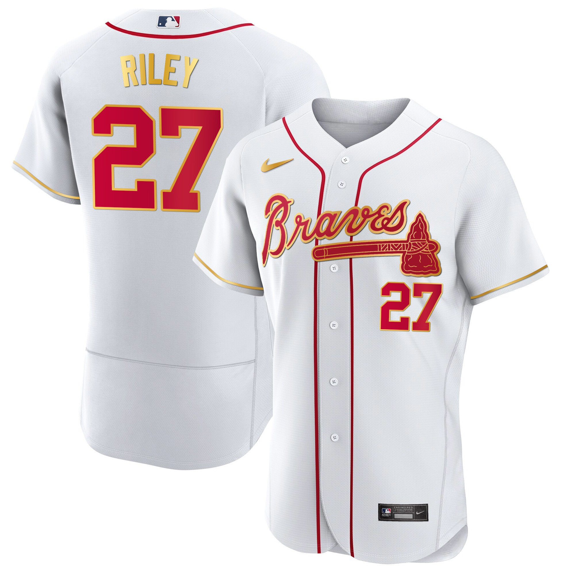 Austin Riley Men's Atlanta Braves Gold Trim Flex White Jersey - All Stitched