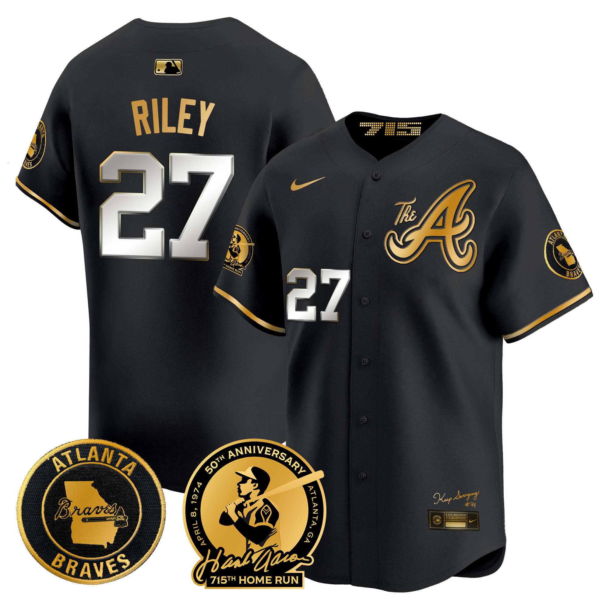 Austin Riley Men's Atlanta Braves Hank Aaron 715th Home Run Patch Vapor Premier Limited V2 Black Gold Jersey - All Stitched