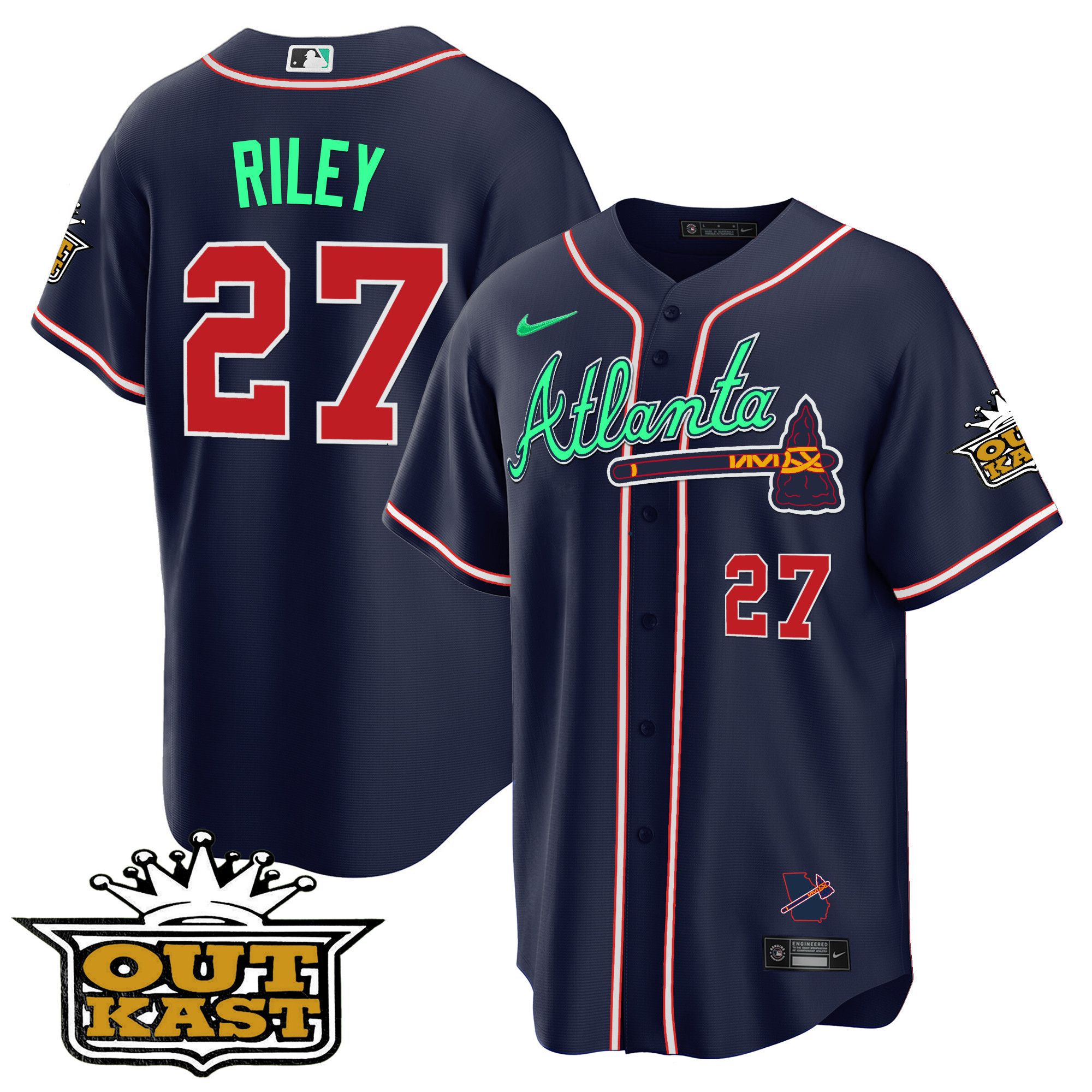 Austin Riley Men's Atlanta Braves Outkast Cool Base V3 - Galaxy Version Navy Jersey - All Stitched