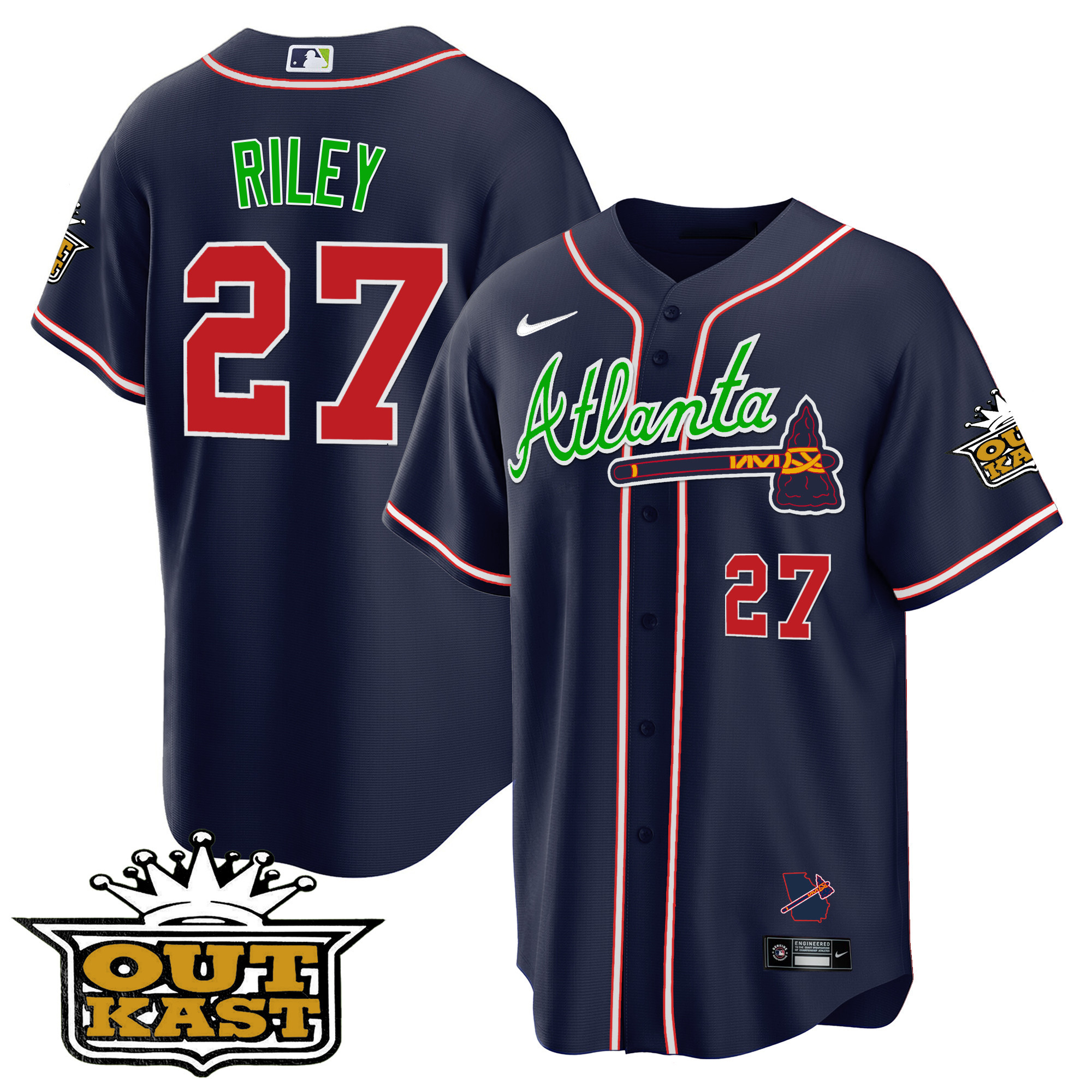 Austin Riley Men's Atlanta Braves Outkast Cool Base V3 Navy Jersey - All Stitched