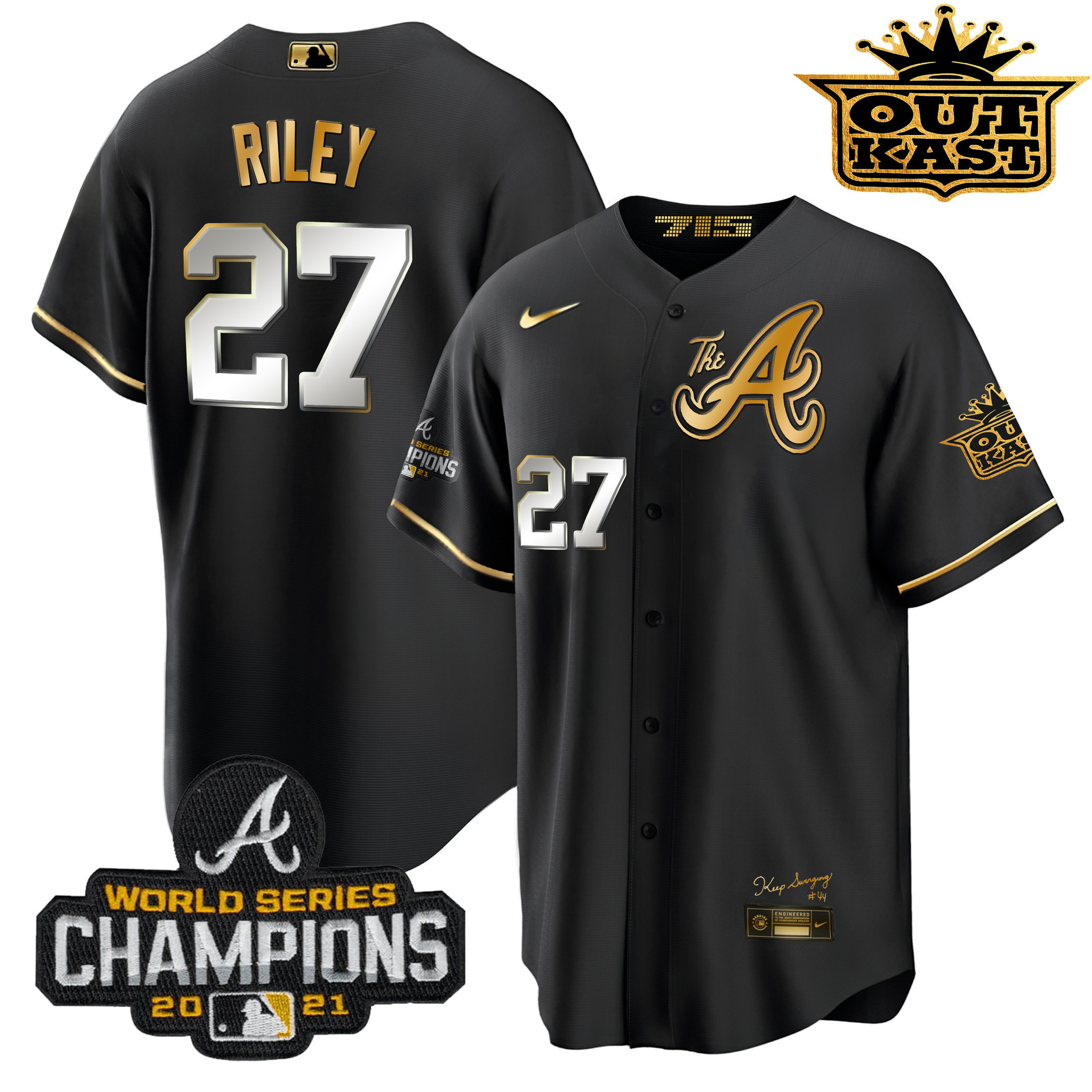 Austin Riley Men's Atlanta Braves Outkast Gold The A Cool Base Black Gold Jersey - All Stitched