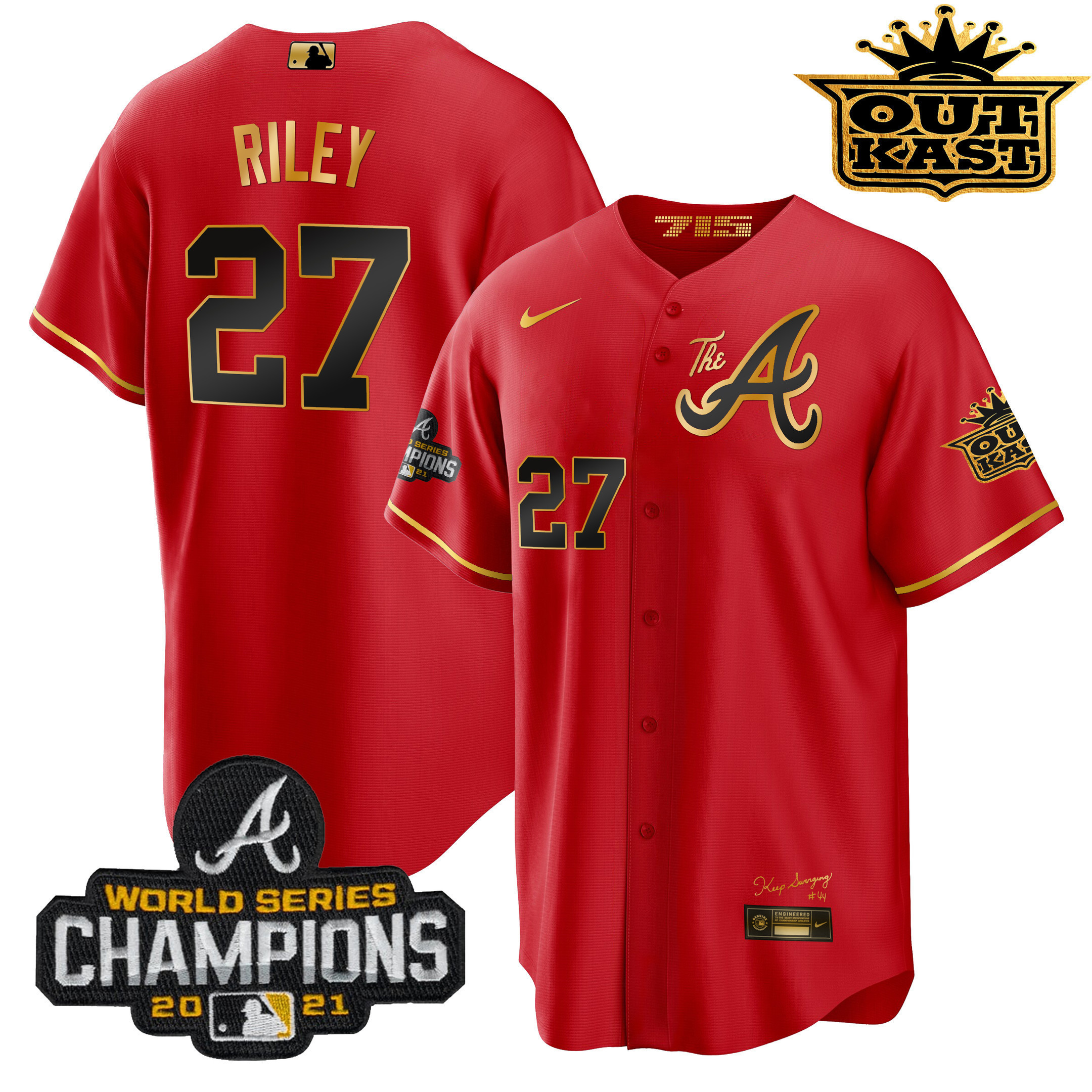 Austin Riley Men's Atlanta Braves Outkast Gold The A Cool Base Red Gold Jersey - All Stitched