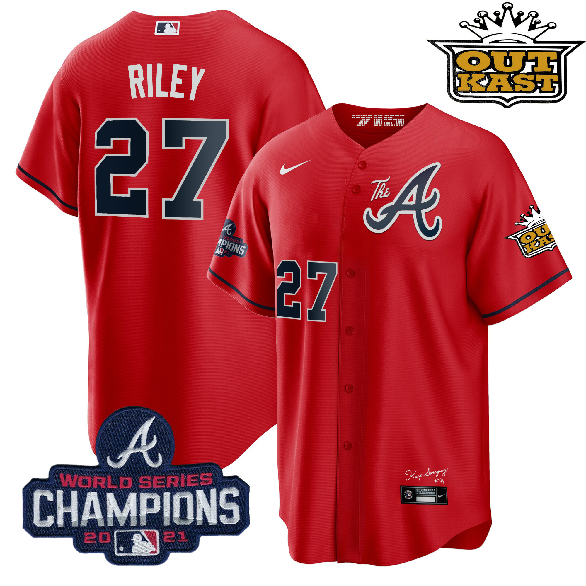 Austin Riley Men's Atlanta Braves Outkast Gold The A Cool Base Red Jersey - All Stitched