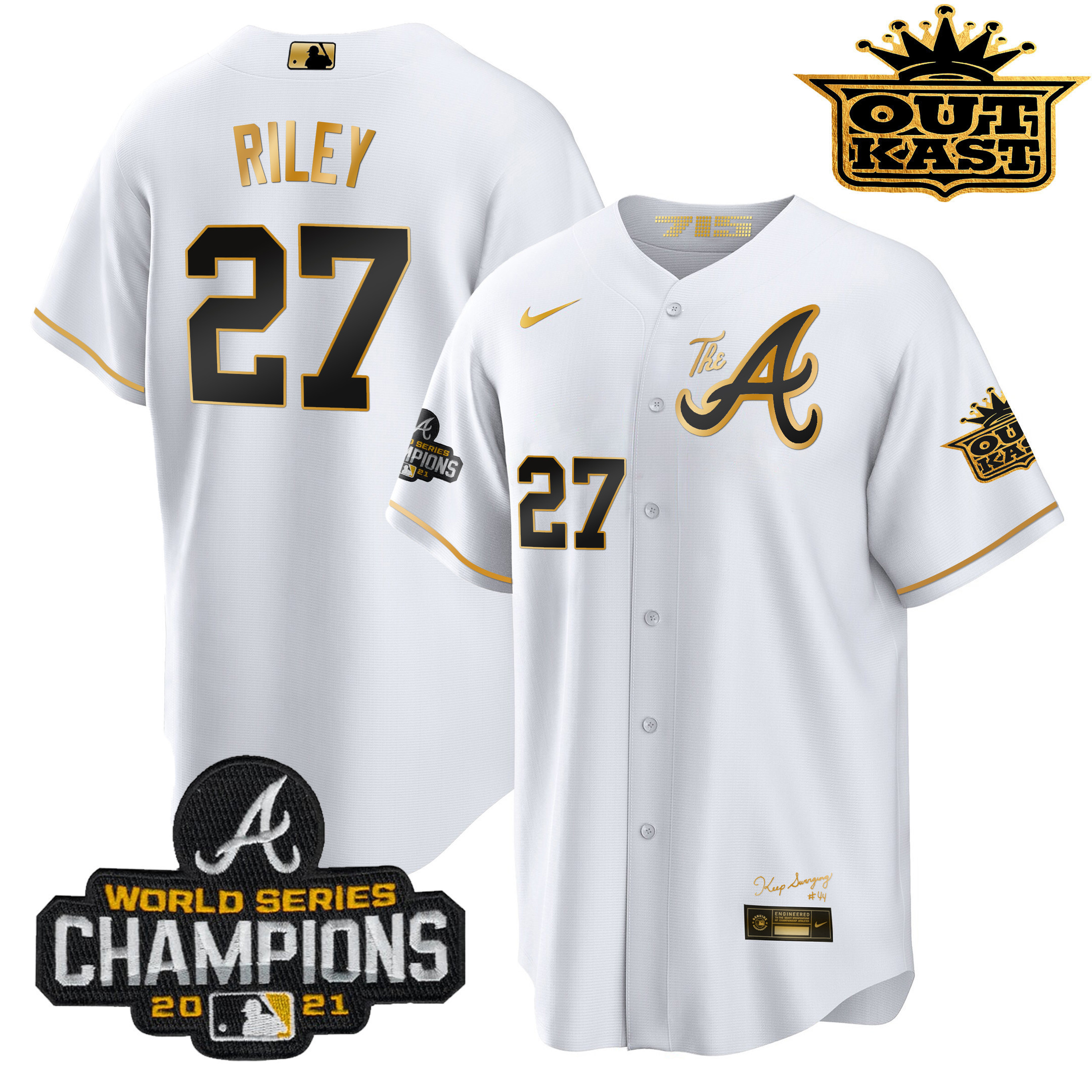 Austin Riley Men's Atlanta Braves Outkast Gold The A Cool Base White Gold Jersey - All Stitched