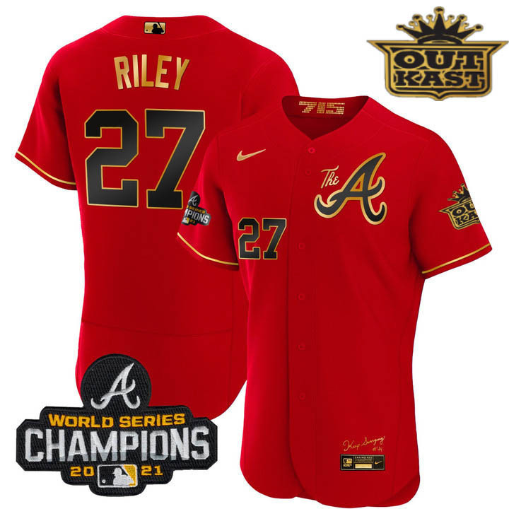 Austin Riley Men's Atlanta Braves Outkast Gold The A Flex Base Red Gold Jersey - All Stitched