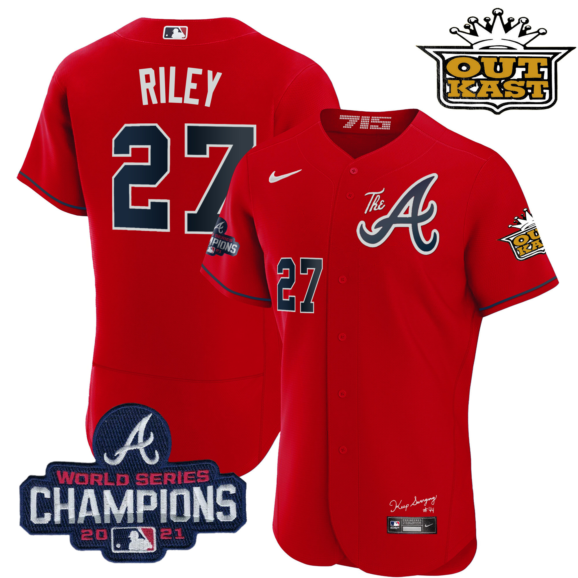 Austin Riley Men's Atlanta Braves Outkast Gold The A Flex Base Red Jersey - All Stitched