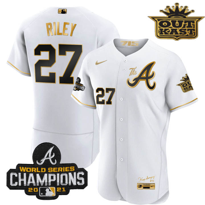 Austin Riley Men's Atlanta Braves Outkast Gold The A Flex Base White Gold Jersey - All Stitched