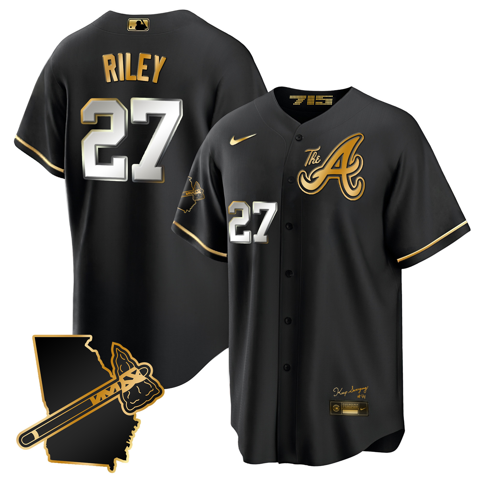 Austin Riley Men's Atlanta Braves The A Gold Cool Base - Georgia Patch Black Gold Jersey - All Stitched