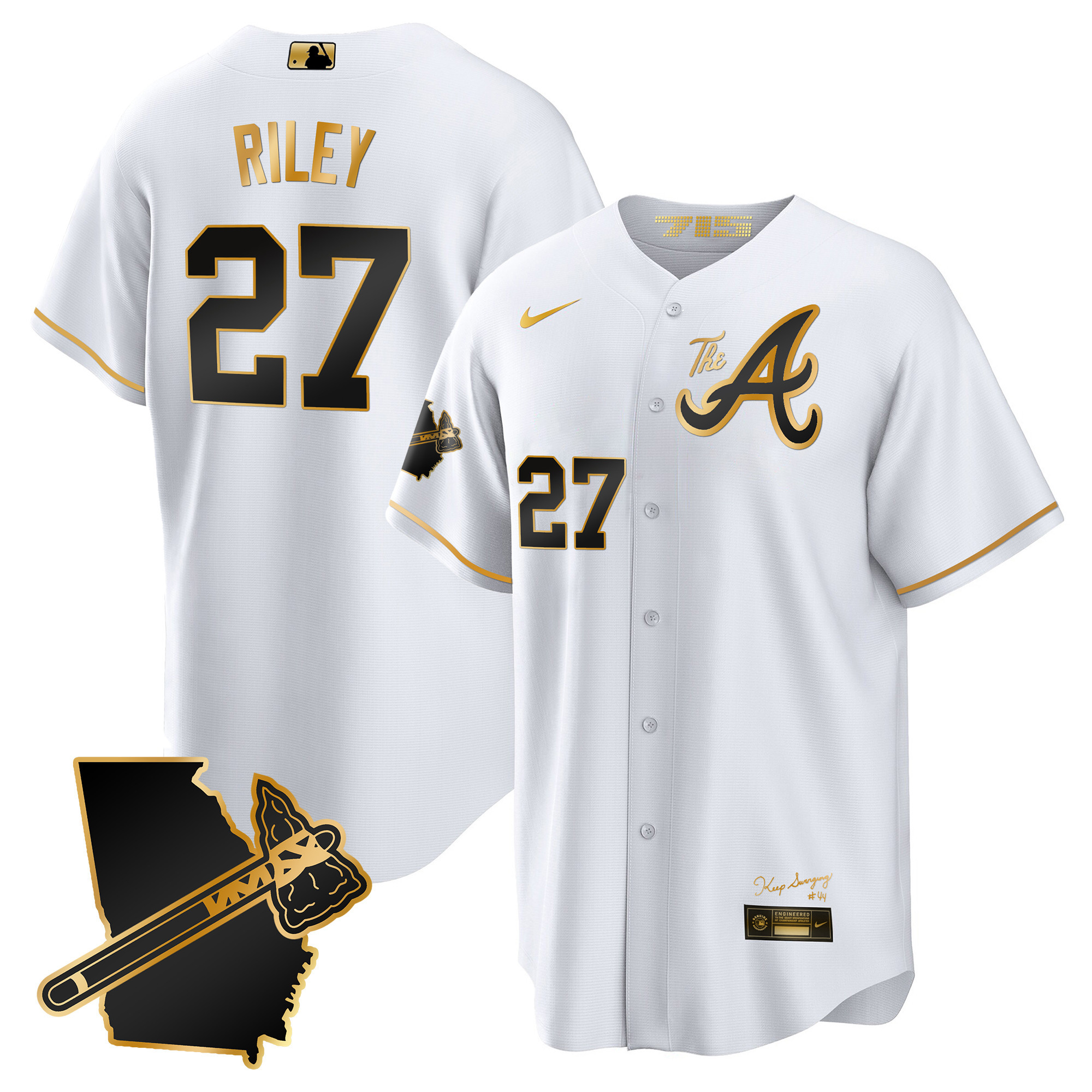 Austin Riley Men's Atlanta Braves The A Gold Cool Base - Georgia Patch White Gold Jersey - All Stitched