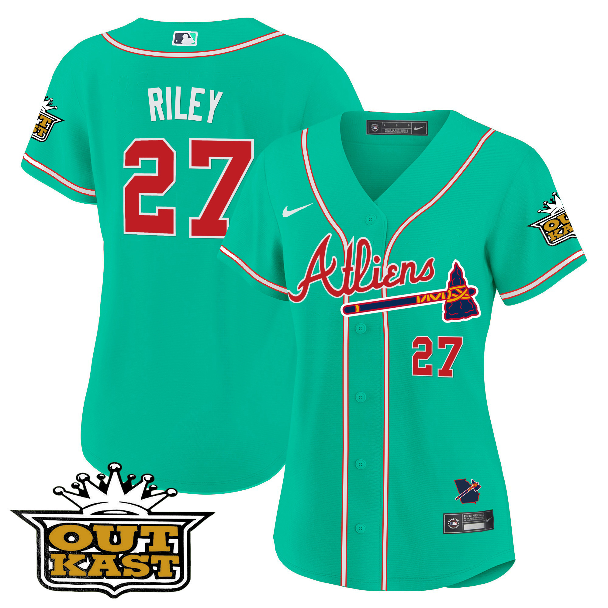 Austin Riley Women's Atlanta Braves Atliens Baseball - Galaxy Version Cyan Jersey - All Stitched
