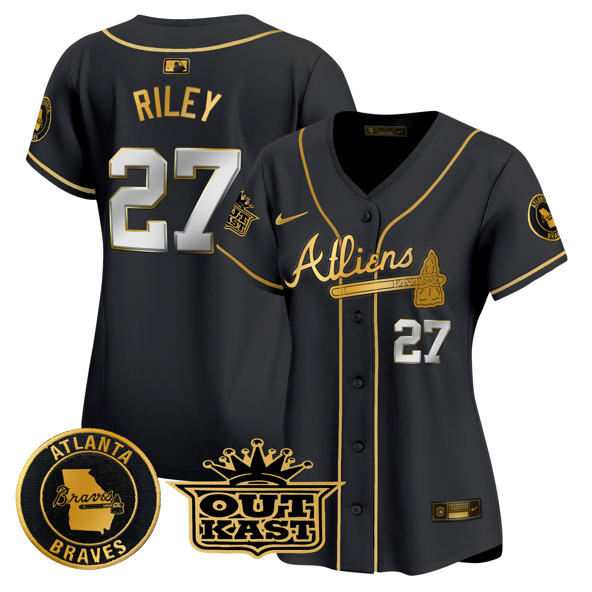 Austin Riley Women's Atlanta Braves Atliens Vapor Premier Limited Black Gold Jersey - All Stitched