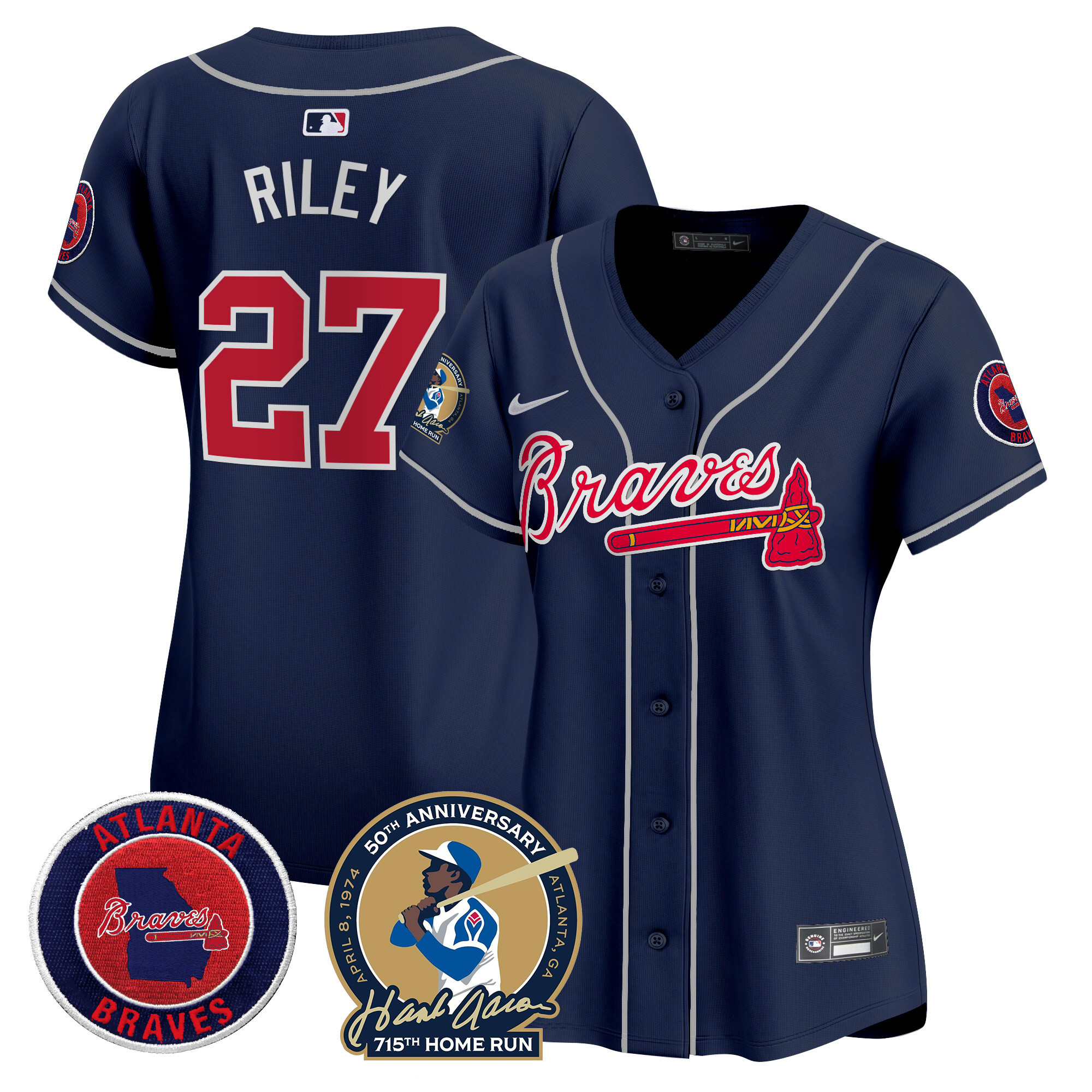 Austin Riley Women's Atlanta Braves Hank Aaron 715th Home Run Patch Vapor Premier Limited Navy Jersey - All Stitched