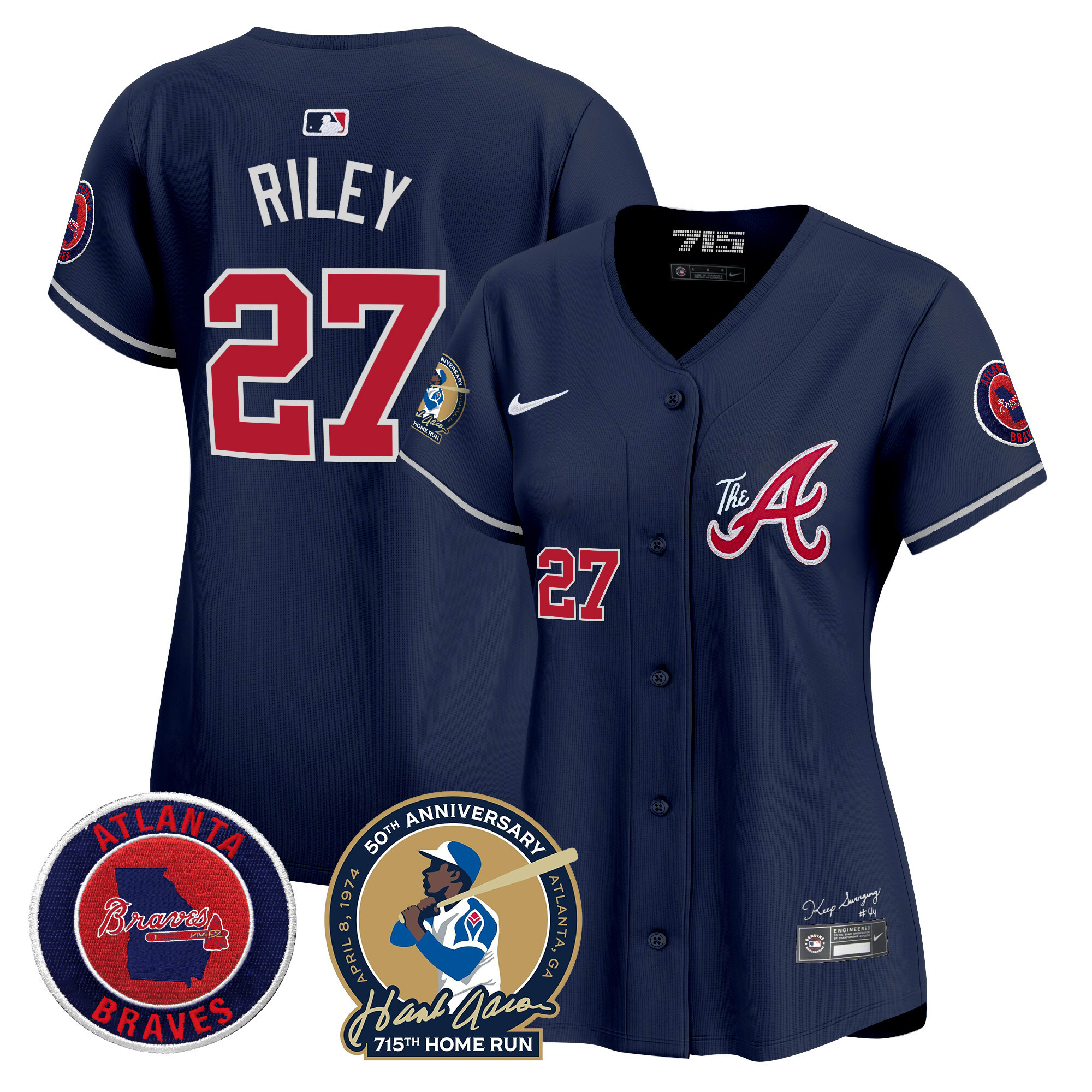 Austin Riley Women's Atlanta Braves Hank Aaron 715th Home Run Patch Vapor Premier Limited V2 Navy Jersey - All Stitched