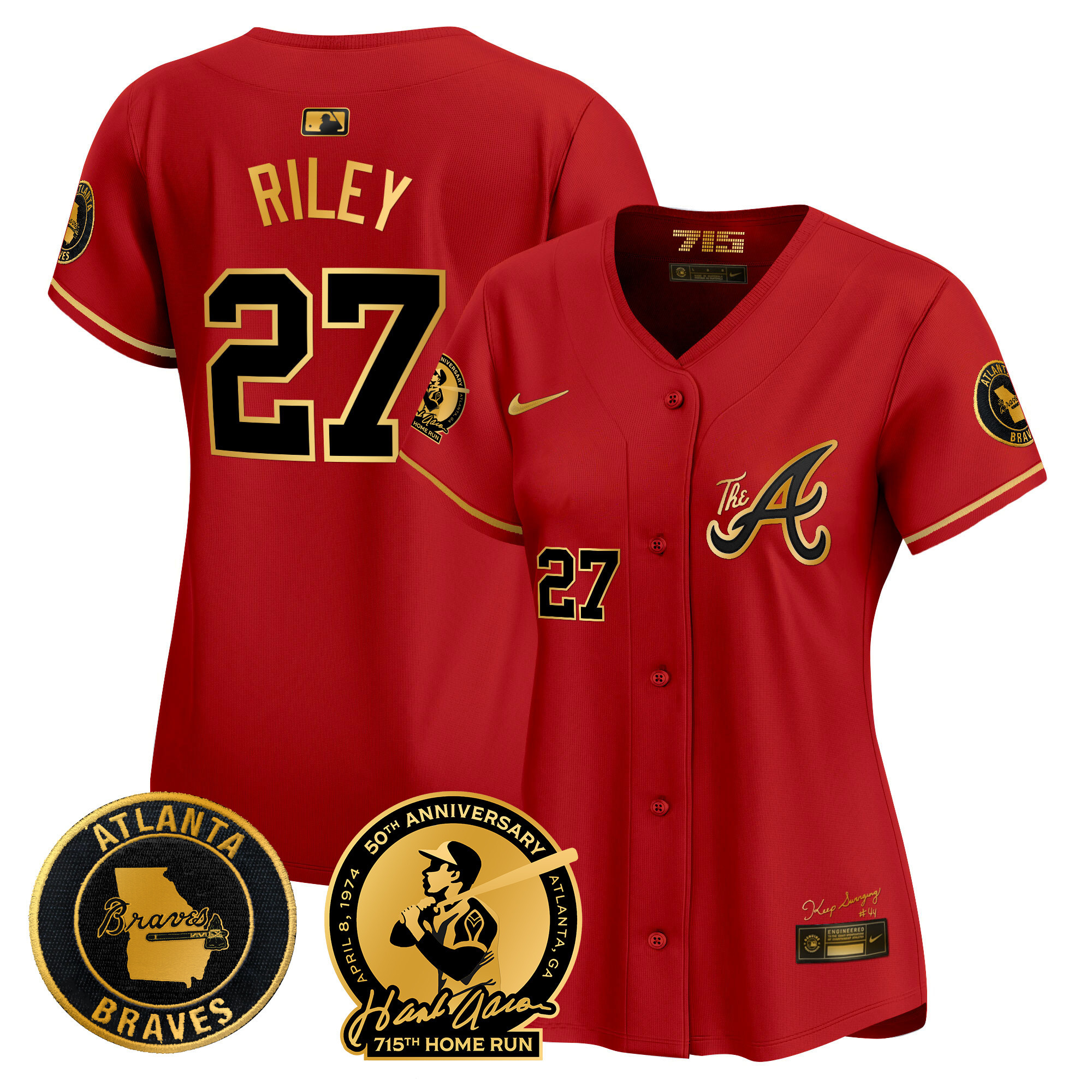 Austin Riley Women's Atlanta Braves Hank Aaron 715th Home Run Patch Vapor Premier Limited V2 Red Gold Jersey - All Stitched