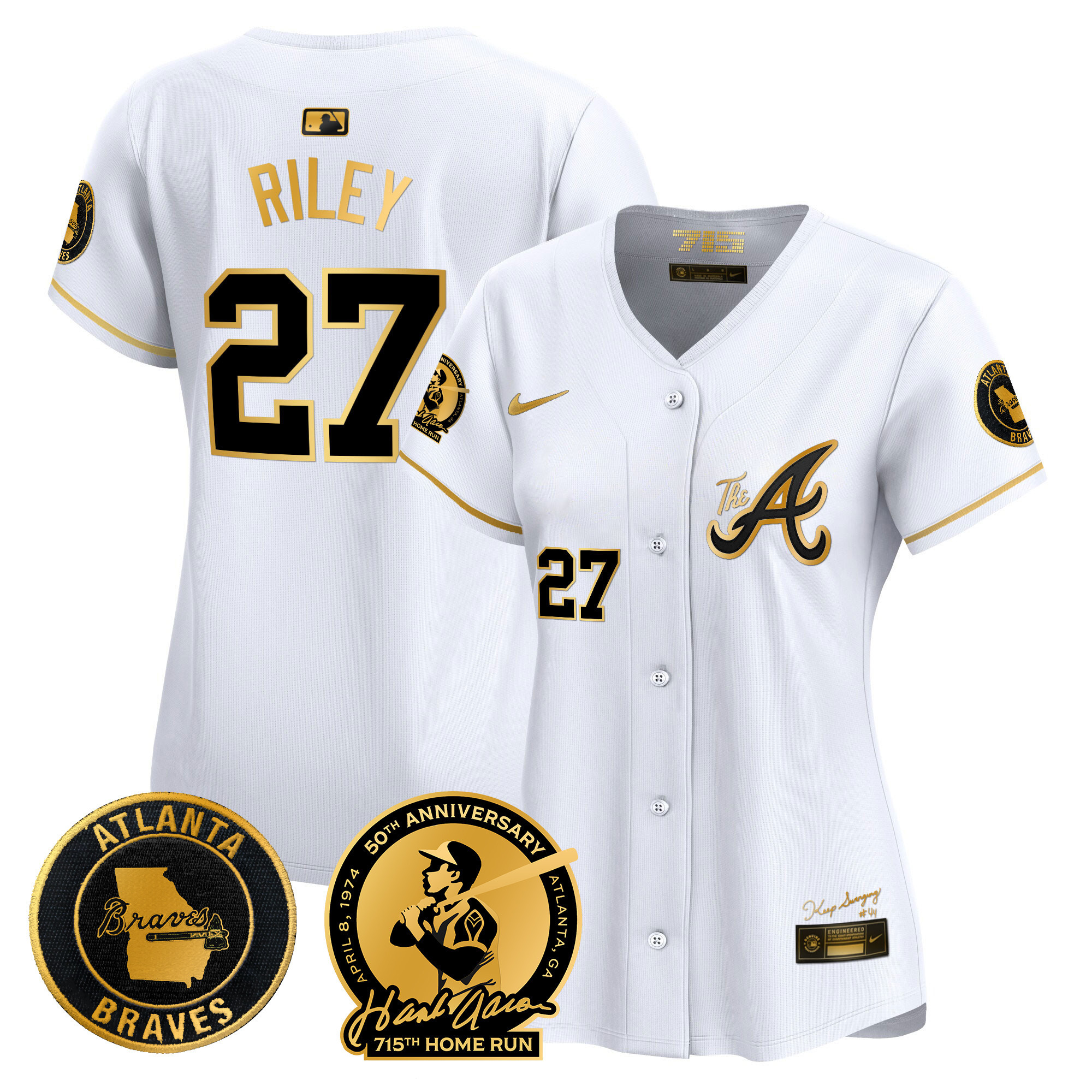 Austin Riley Women's Atlanta Braves Hank Aaron 715th Home Run Patch Vapor Premier Limited V2 White Gold Jersey - All Stitched