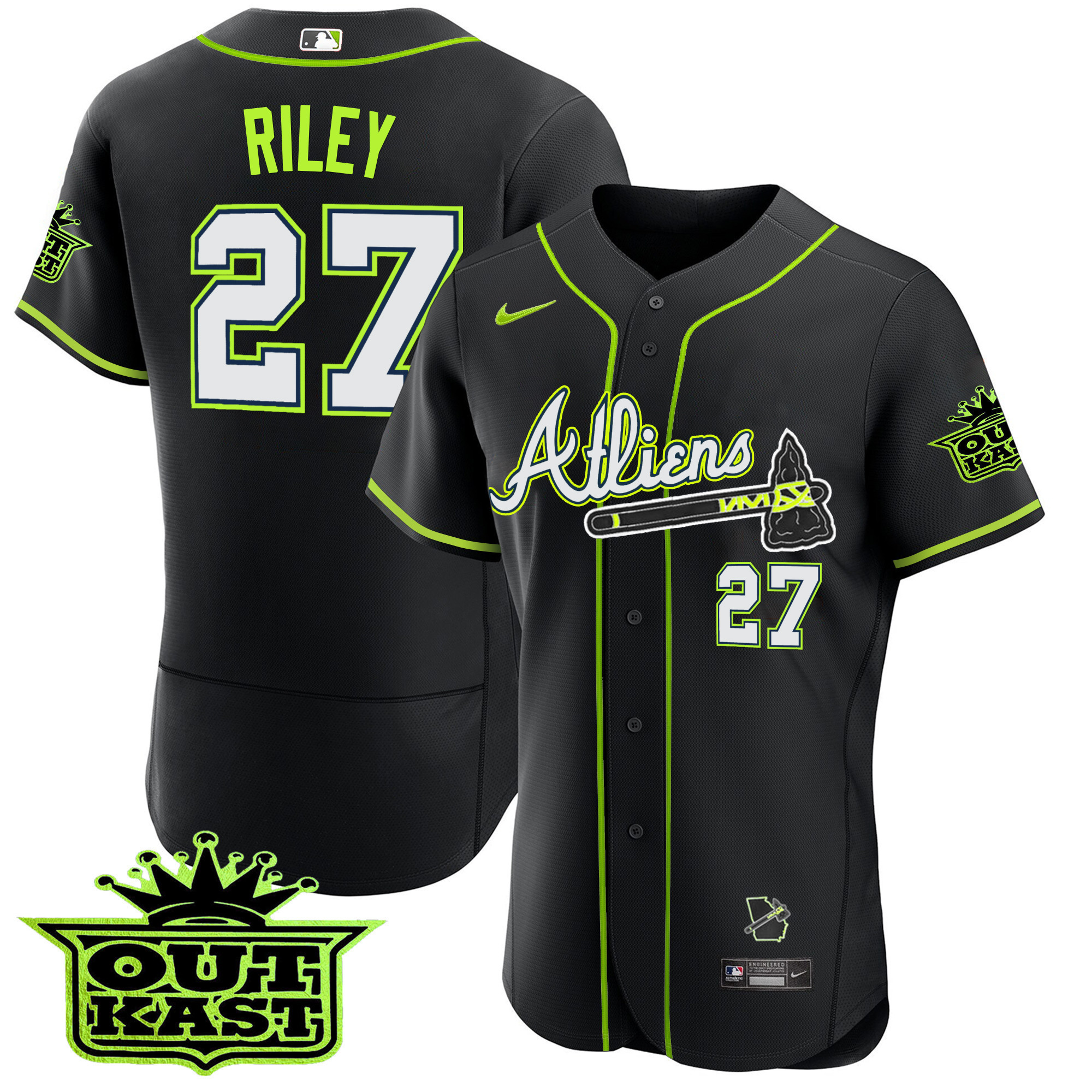 Austin Riley Youth's Atlanta Braves Atliens Flex Base Black Jersey - All Stitched
