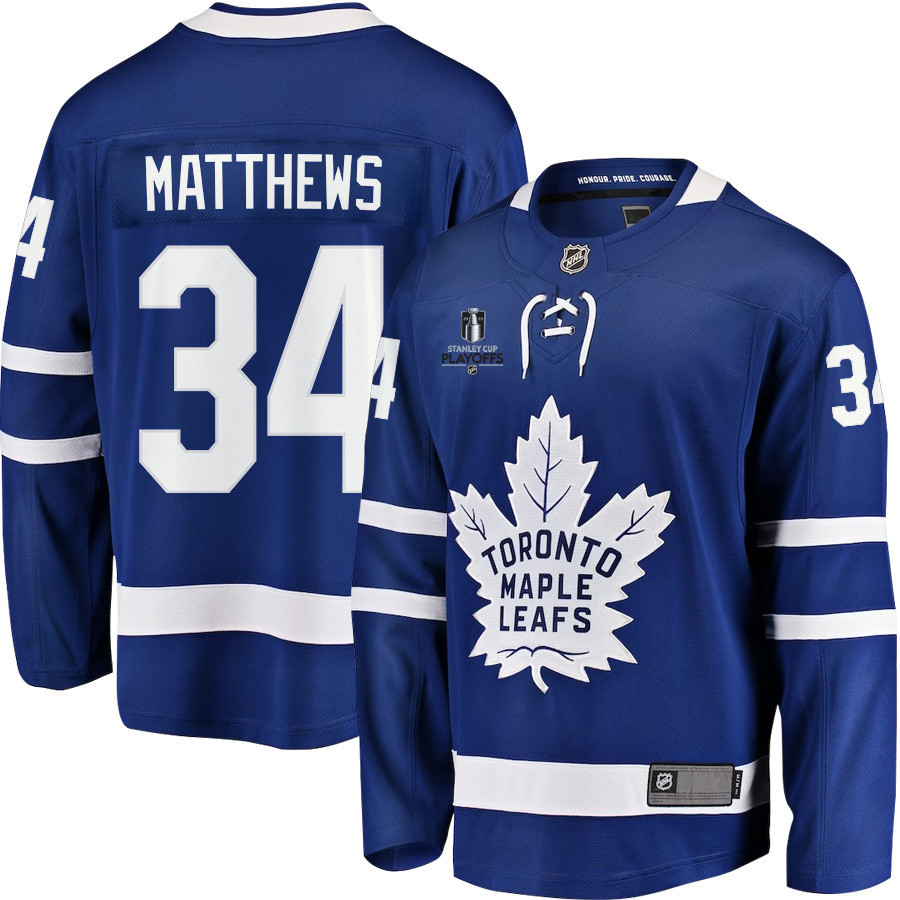 Auston Matthews 34 Toronto Maple Leafs Stanley Cup 2023 Playoffs Patch Home Breakaway Men Stitched Jersey – Blue